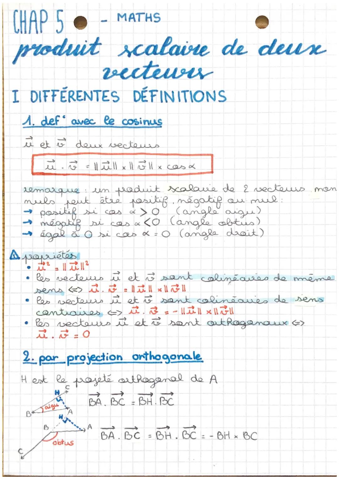 CHAP 5
produit scalaire de deux
vecteurs
них
I DIFFÉRENTES DÉFINITIONS
1. def avec le cosinus
i et v² deux vecteurs.
uix || || x cas x
A pop