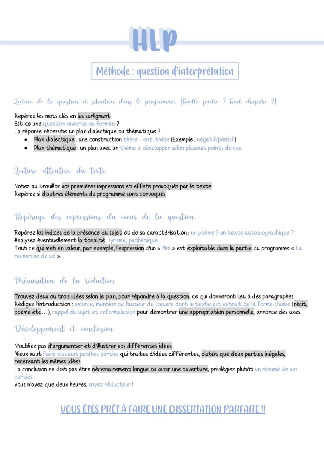Question d'interprétation littéraire et philosophique HLP - Méthodologie et exemples PDF