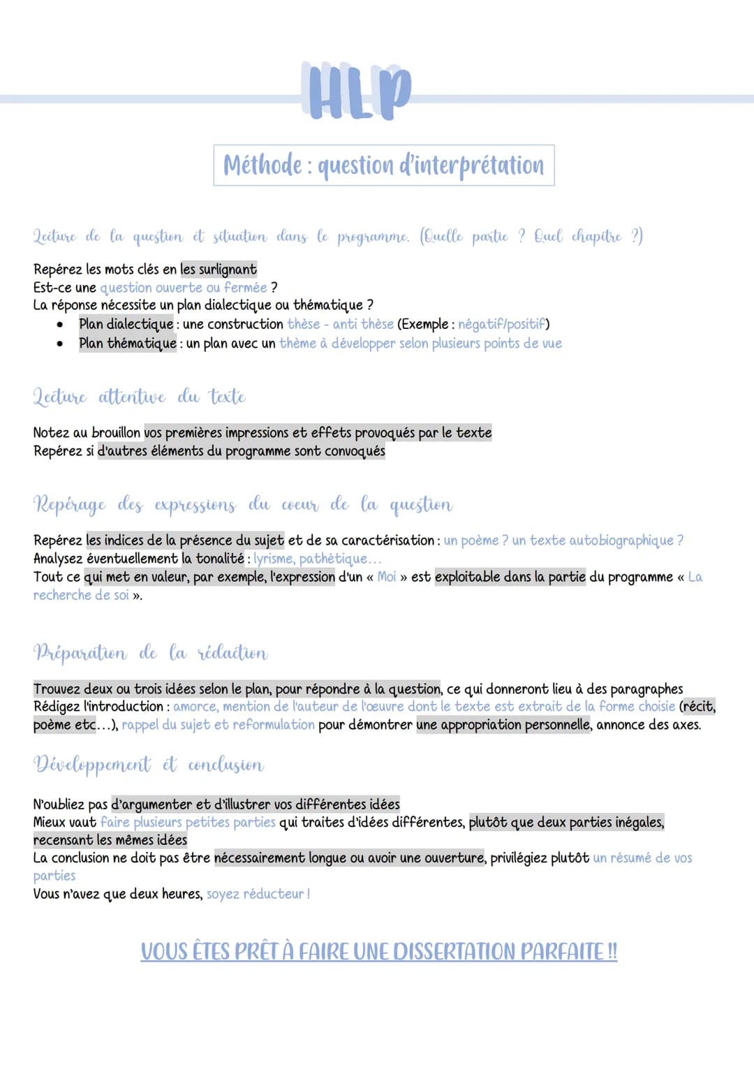 -HLP
Méthode: question d'interprétation
Lecture de la question et situation dans le programme. (Quelle partie ? Quel chapitre ?)
Repérez les