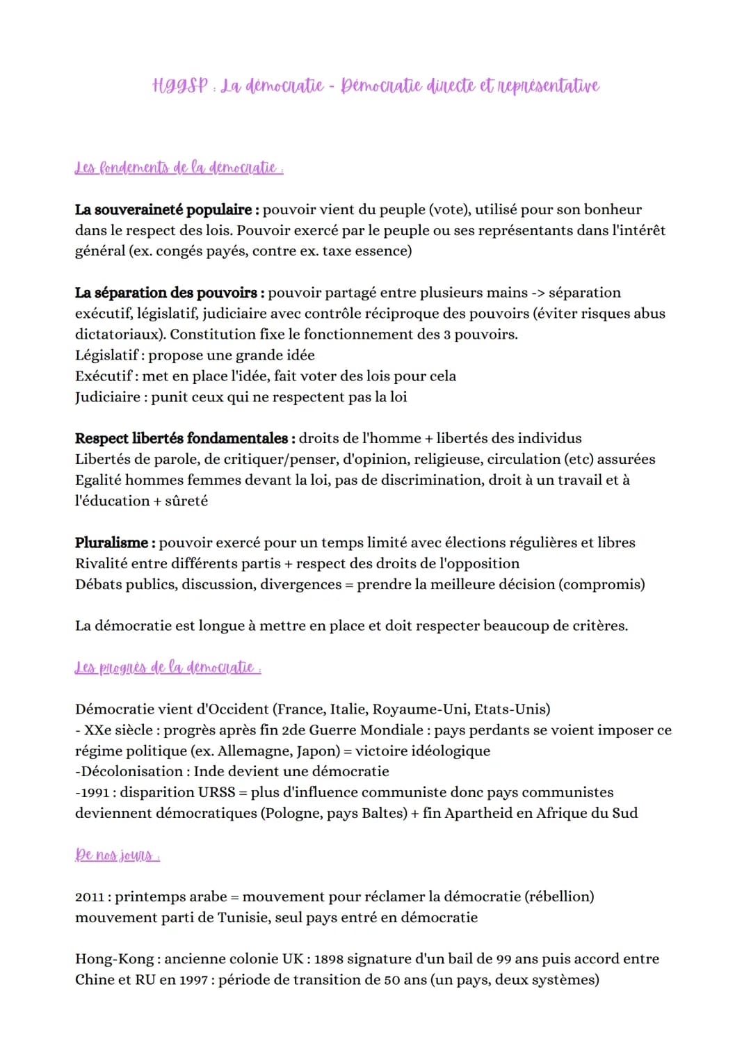 Hggsp: La démocratie - Démocratie directe et représentative
Les fondements de la démocratie.
La souveraineté populaire : pouvoir vient du pe