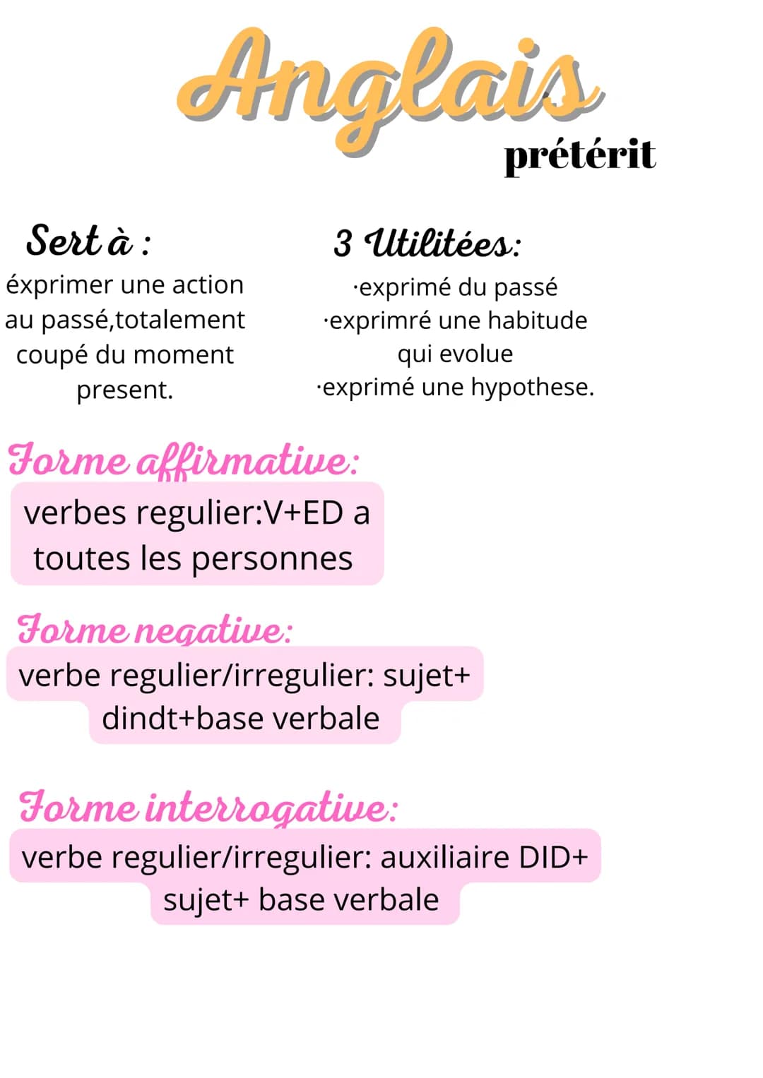 Anglais
Sert à :
éxprimer une action
au passé, totalement
coupé du moment
present.
3 Utilitées:
exprimé du passé
exprimré une habitude
qui e