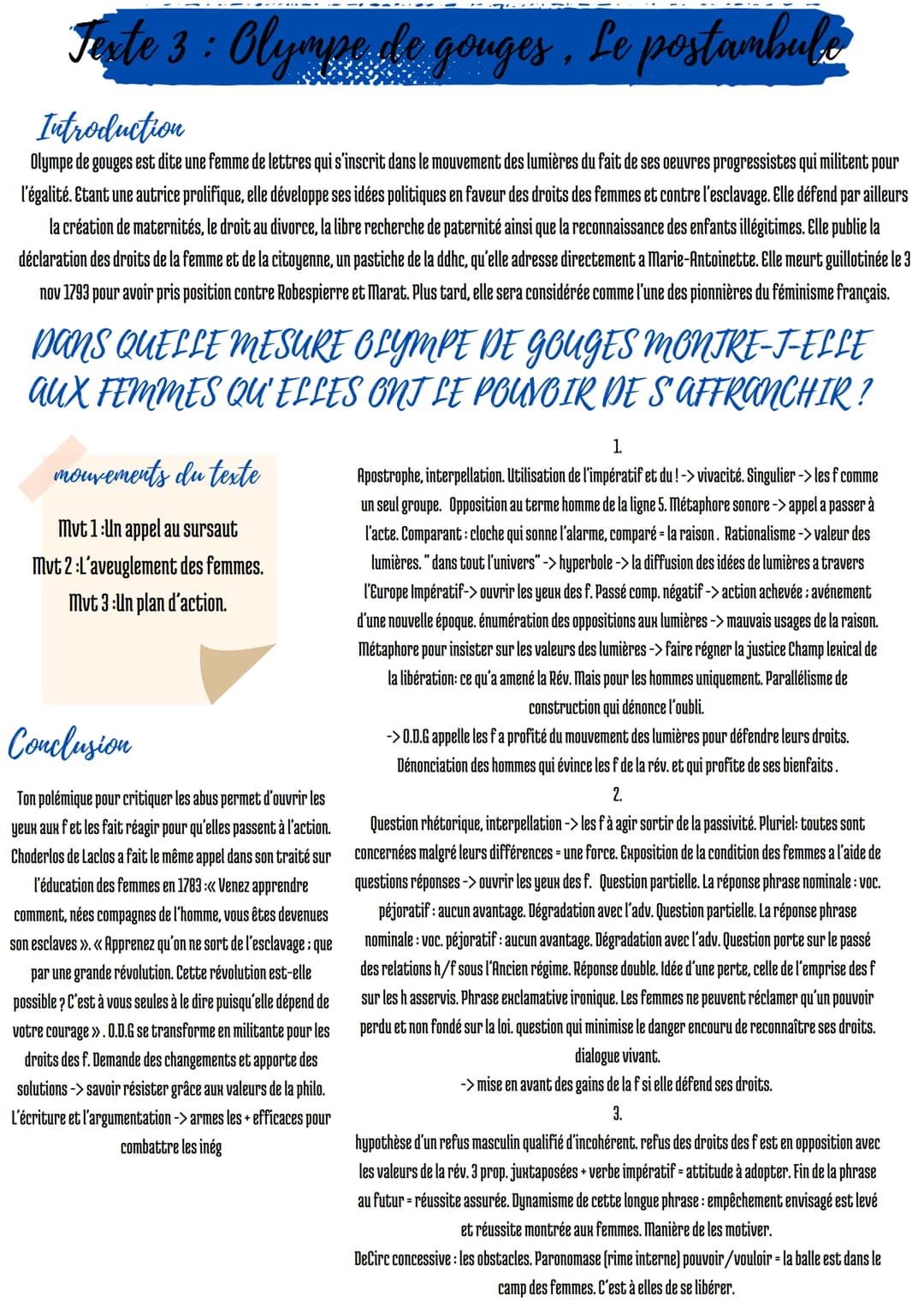 Texte 3 : Olympe de gouges, Le postambule
Introduction
Olympe de gouges est dite une femme de lettres qui s'inscrit dans le mouvement des lu
