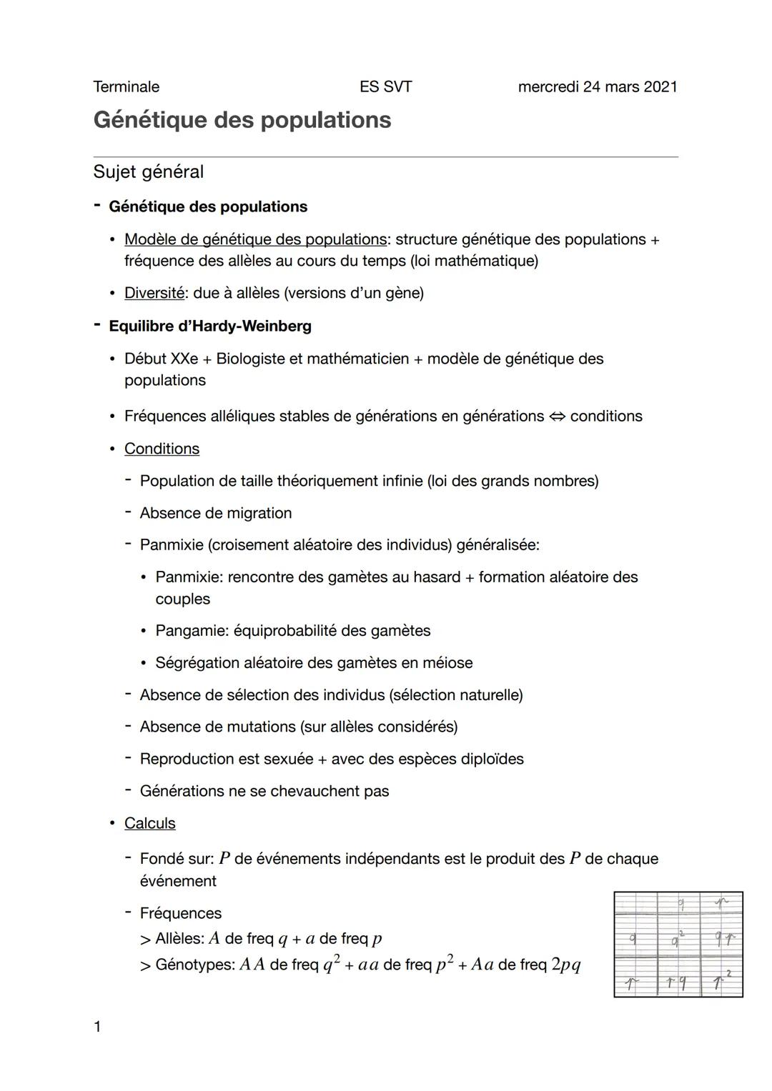 Terminale
Génétique des populations
1
Sujet général
Génétique des populations
Modèle de génétique des populations: structure génétique des p