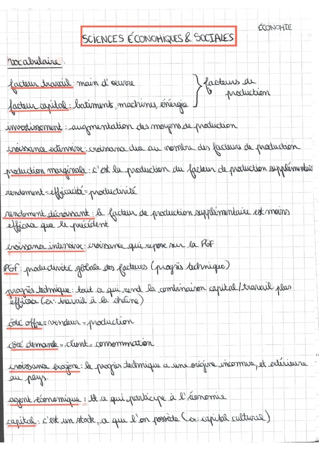 Vocabulaire SES Terminale et Seconde - Facteurs de Production et Externalités