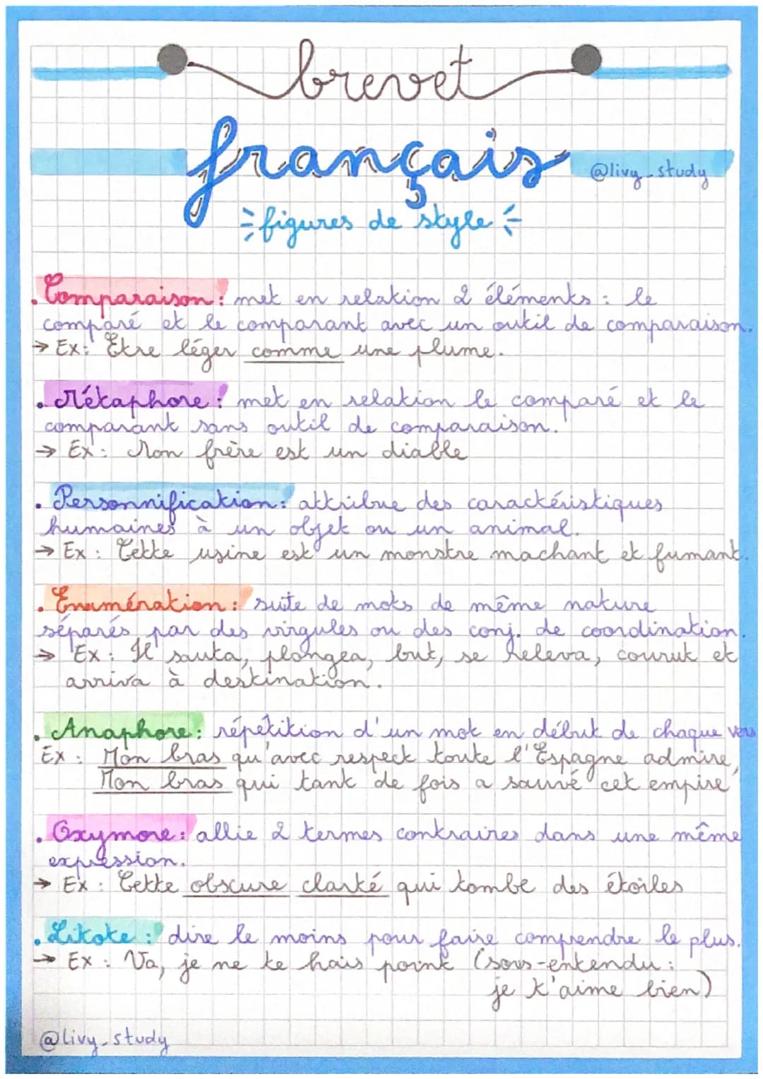 brevet
@livy - study
=figures de style =
• Comparaison: met en relation I éléments : le
comparé et le comparant avec un outil de comparaison