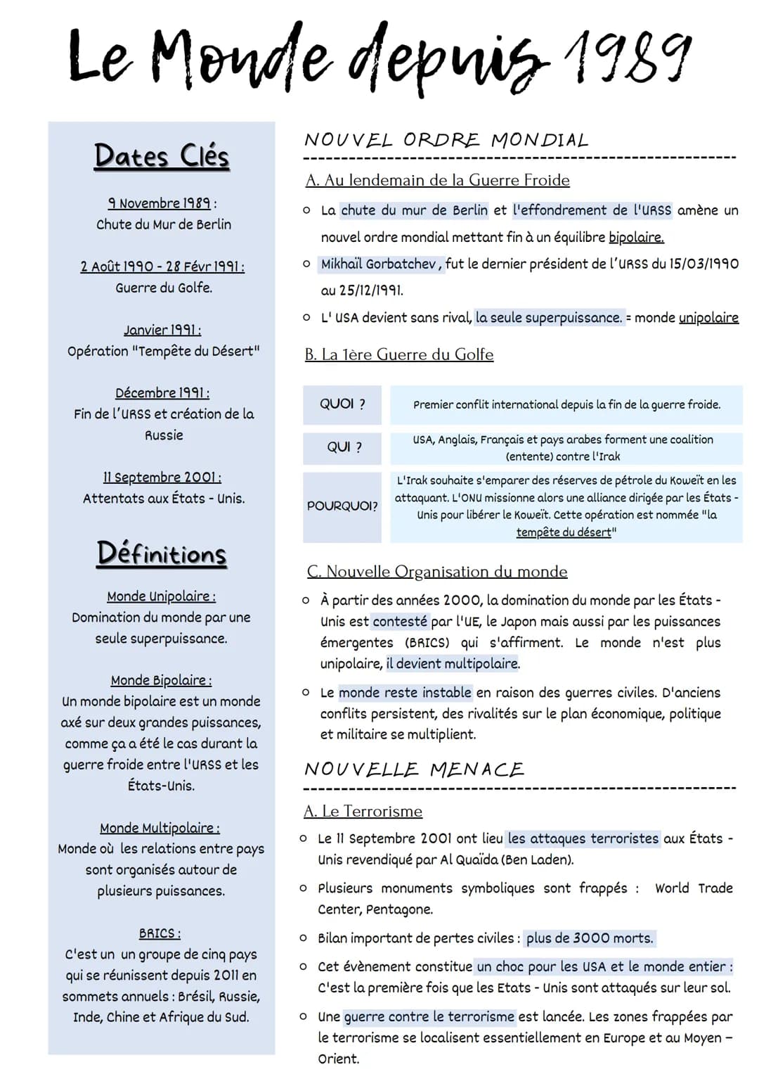 Le Monde depuis 1989
Dates Clés
9 Novembre 1989:
Chute du Mur de Berlin
2 Août 1990- 28 Févr 1991:
Guerre du Golfe.
Janvier 1991:
Opération 