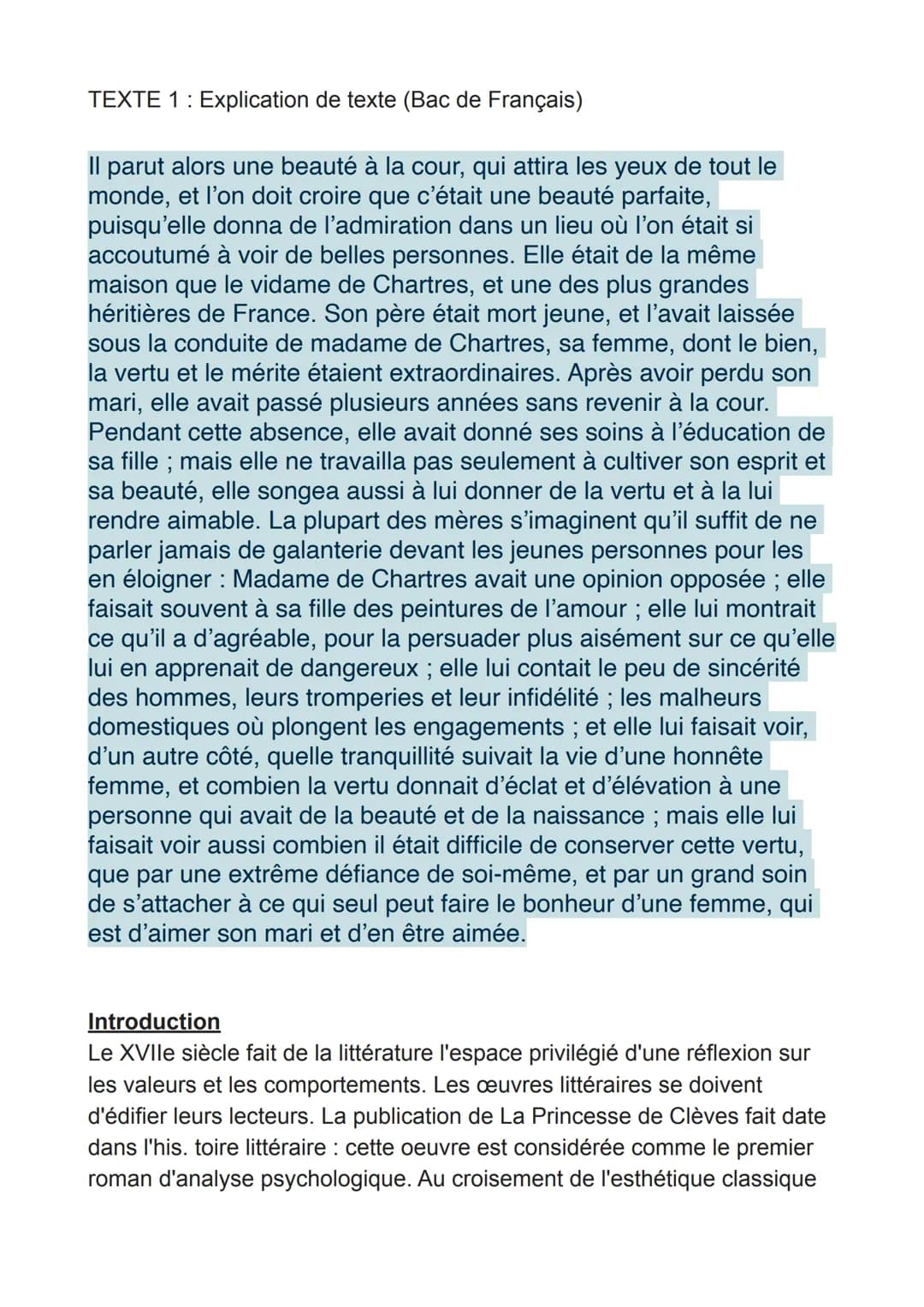 TEXTE 1: Explication de texte (Bac de Français)
Il parut alors une beauté à la cour, qui attira les yeux de tout le
monde, et l'on doit croi