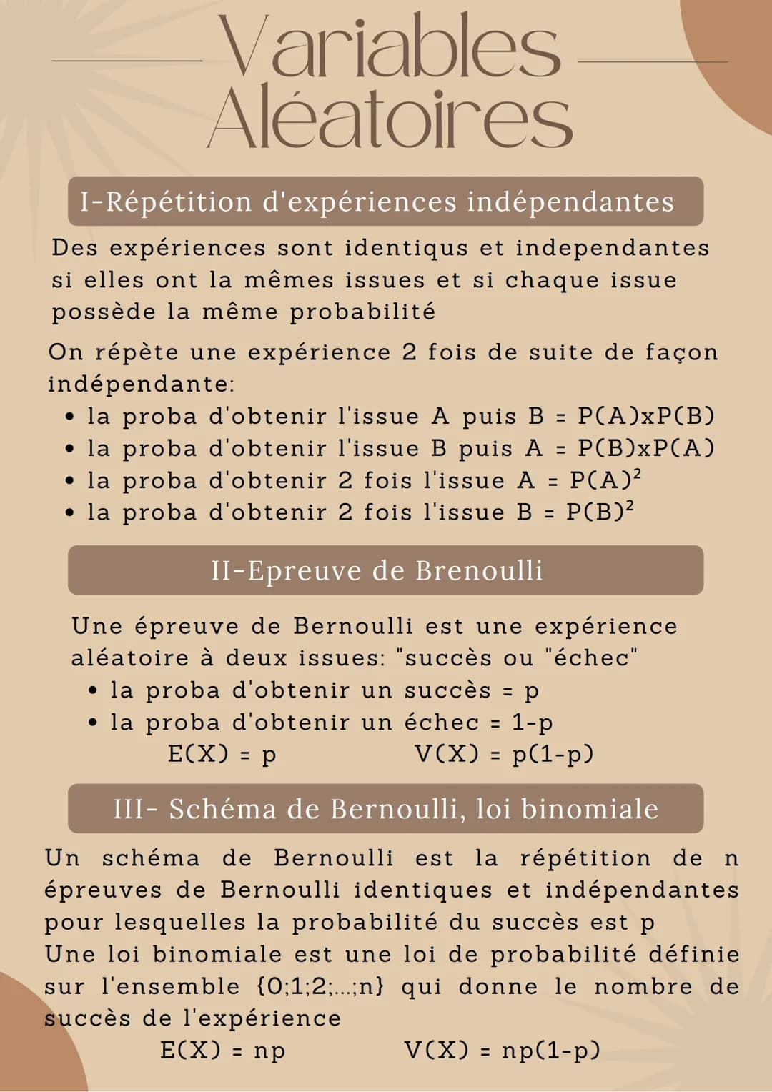 Variables
Aléatoires
I-Répétition d'expériences indépendantes
Des expériences sont identiqus et independantes
si elles ont la mêmes issues e