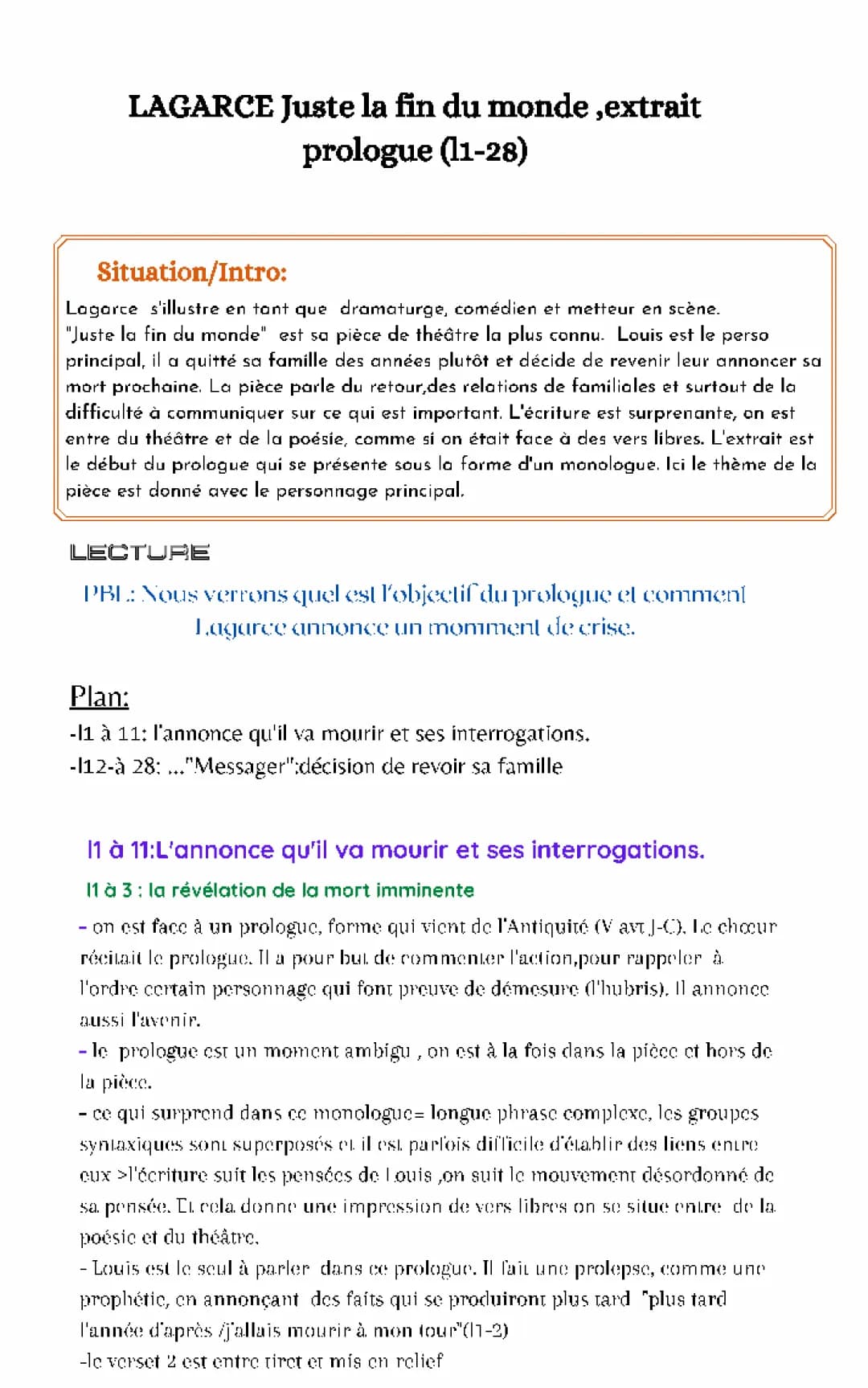Prologue Juste la fin du monde de Jean-Luc Lagarce : Analyse linéaire et PDF