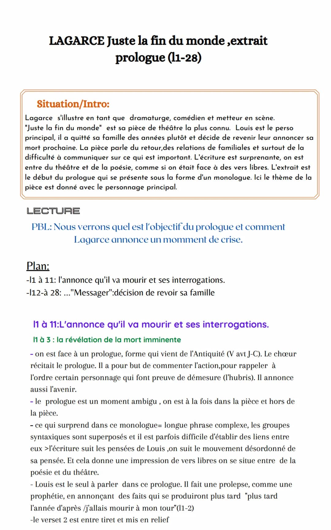 LAGARCE Juste la fin du monde ,extrait
prologue (11-28)
Situation/Intro:
Lagarce s'illustre en tant que dramaturge, comédien et metteur en s