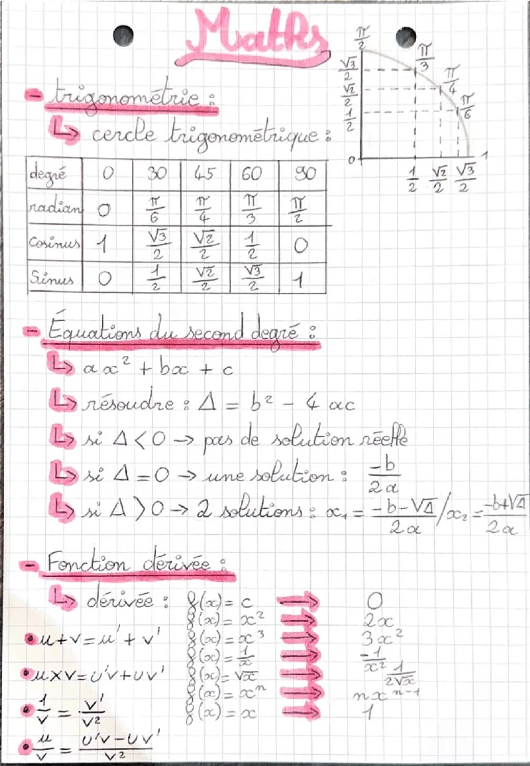 # Maths

- Second degré :

$Lax^2 + bx + c$

$L$ forme canonique : $a (x-\alpha)^2+\beta$

$L$ forme factorisée: $a (x-x_1)(x-x_2)$

- $x_1 