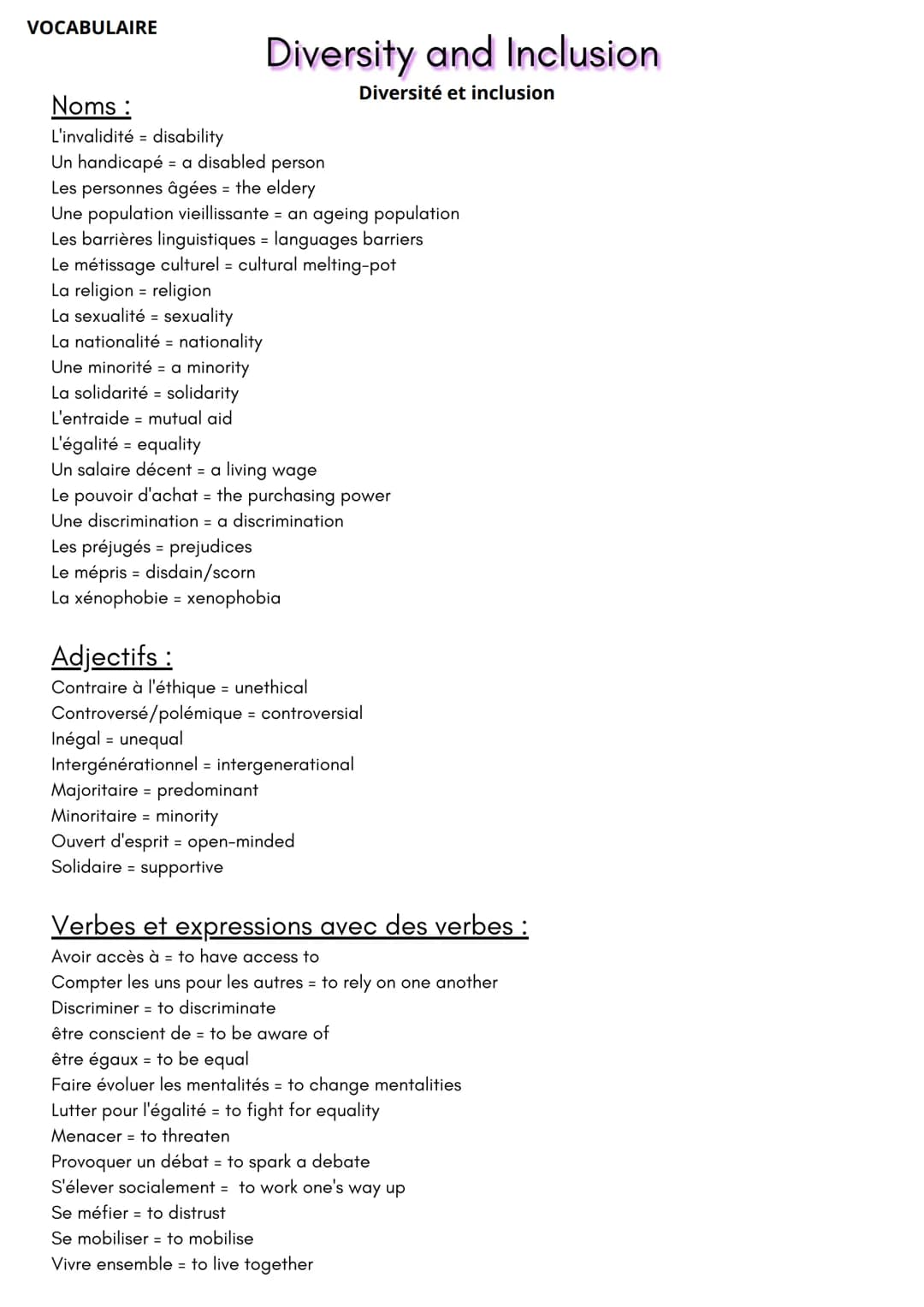VOCABULAIRE
Diversity and Inclusion
Diversité et inclusion
Noms:
L'invalidité = disability
Un handicapé = a disabled person
Les personnes âg