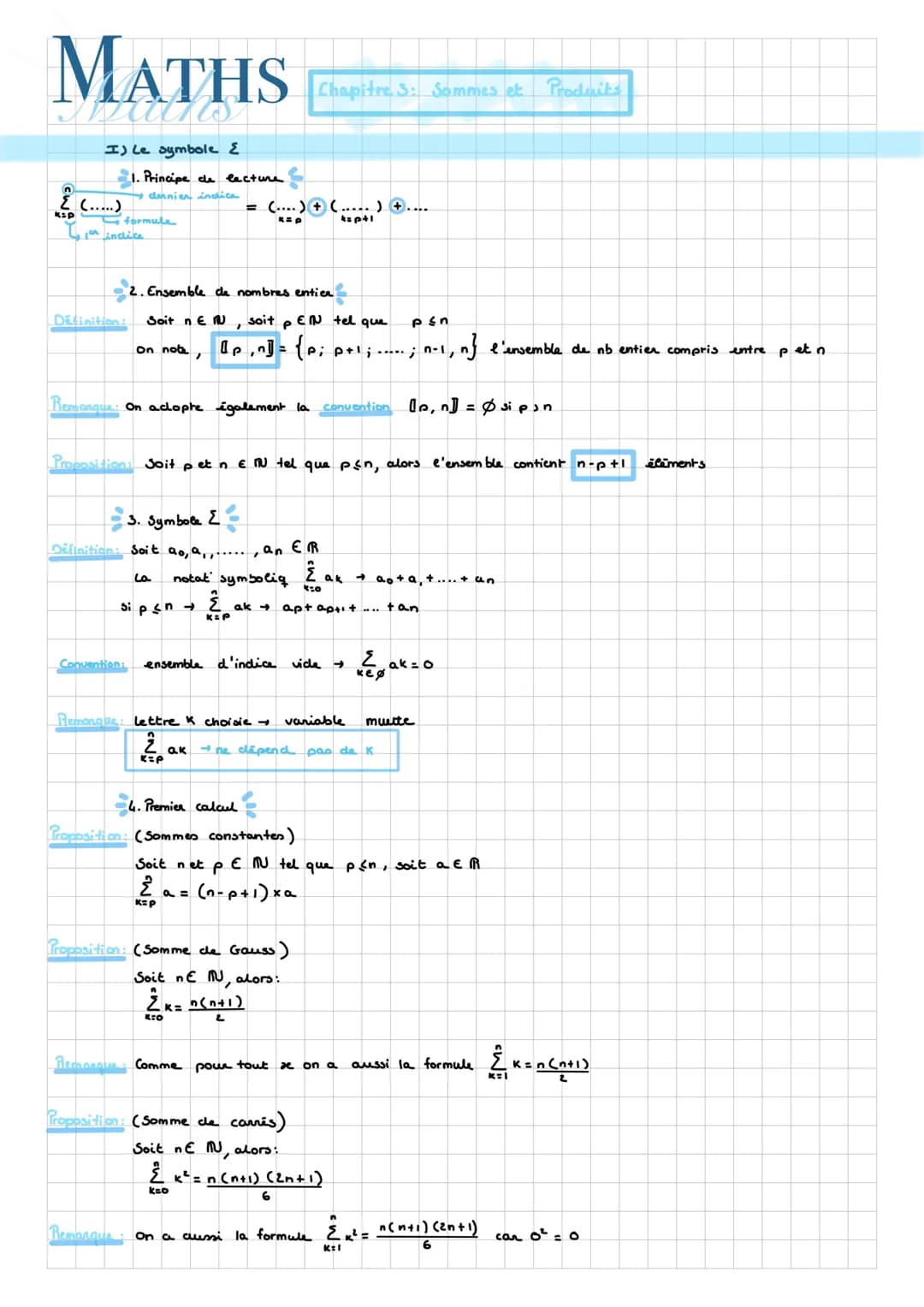 MATHS
KSP
I) Le symbole &
(.....)
1. Principe de lecture.
dernier indica
Sformule
inclice
Definition: Soit n E MU
on note,
=
2. Ensemble de 