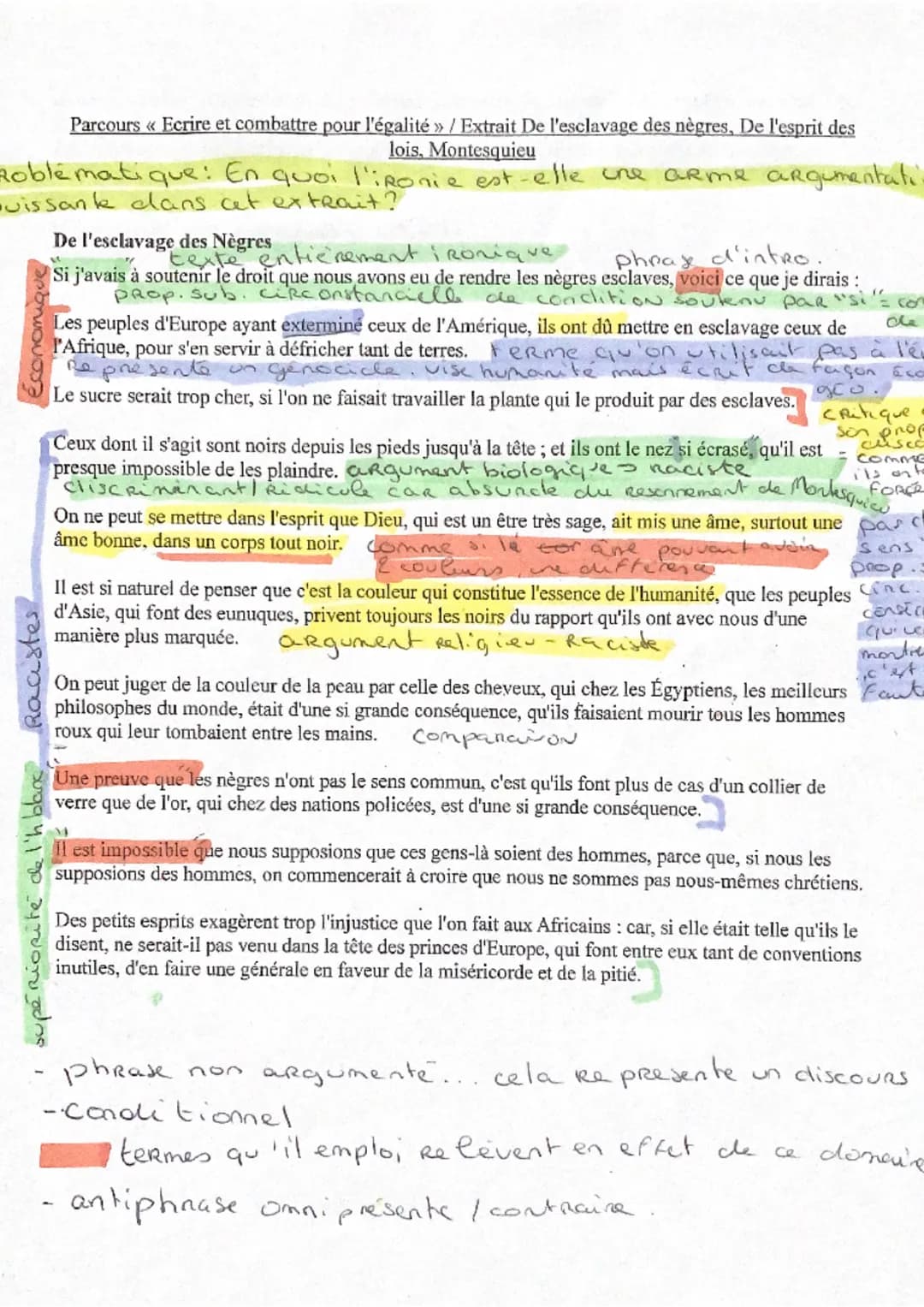 Parcours << Ecrire et combattre pour l'égalité » / Extrait De l'esclavage des nègres, De l'esprit des
lois, Montesquieu
Roblématique: En quo