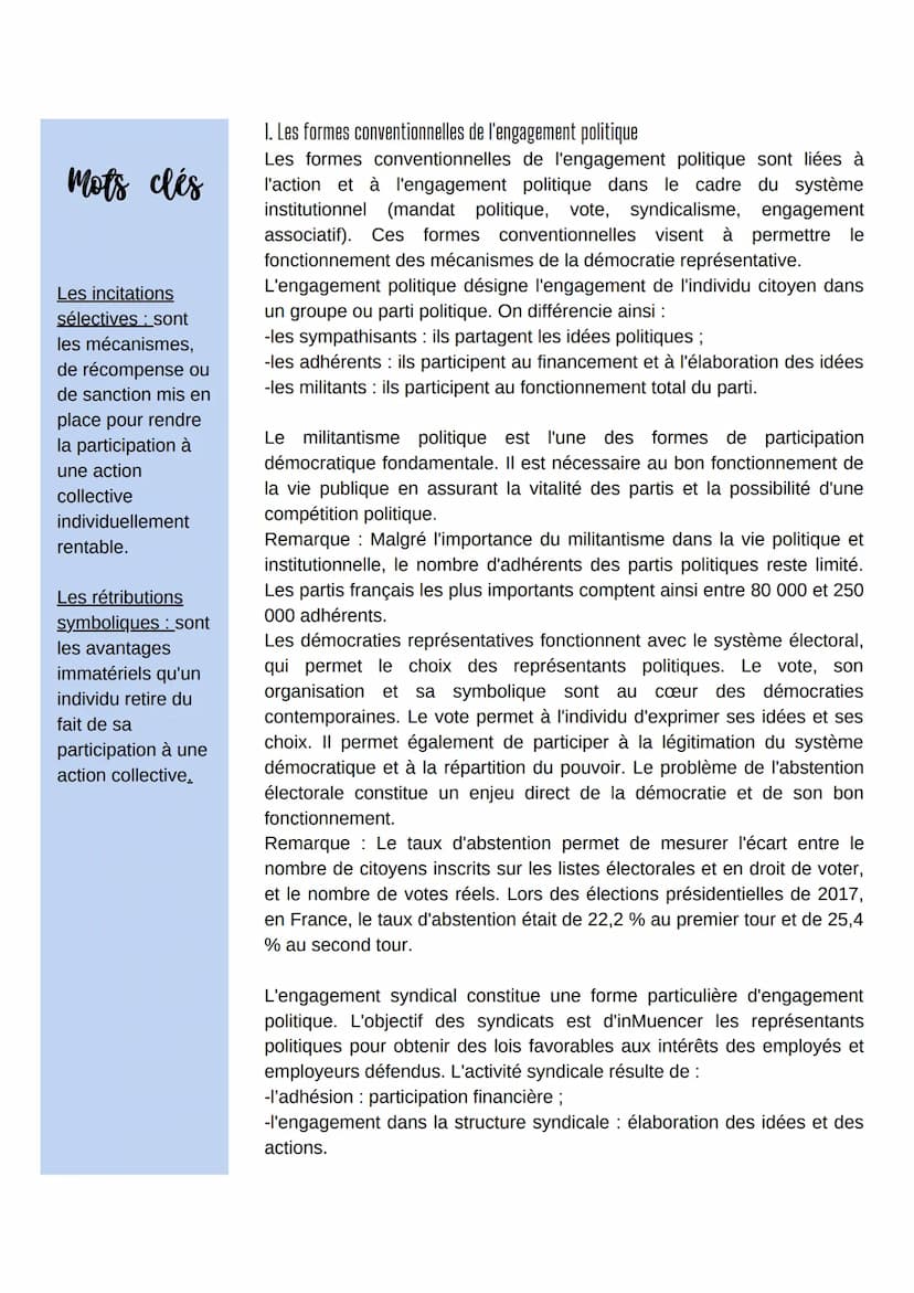 Comment expliquer
l'engagement politique dans
les sociétés démocratiques
Mots clés
L'engagement
politique est le
fait de faire une
action in
