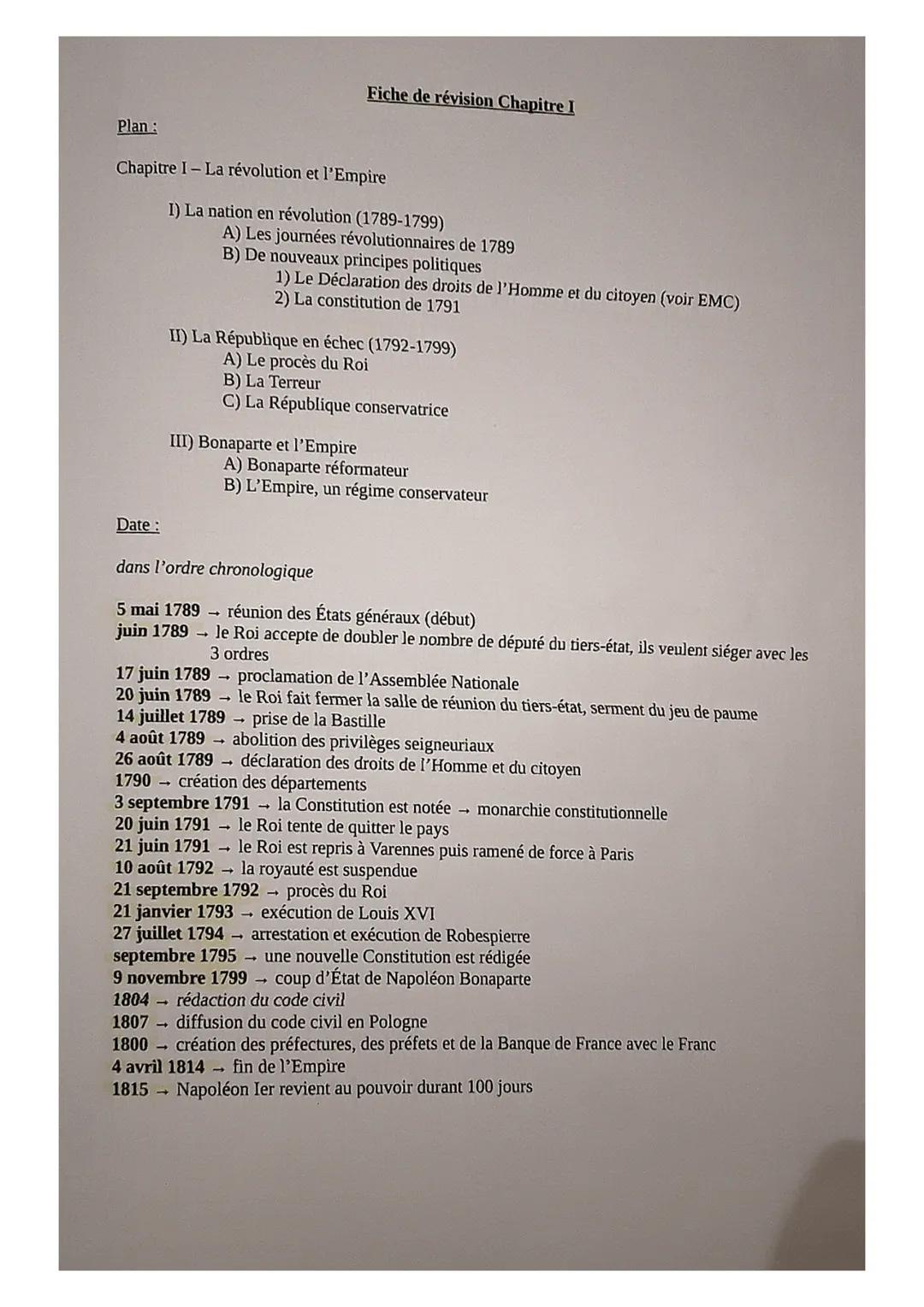 Plan:
Chapitre I-La révolution et l'Empire
Date:
I) La nation en révolution (1789-1799)
A) Les journées révolutionnaires de 1789
B) De nouve