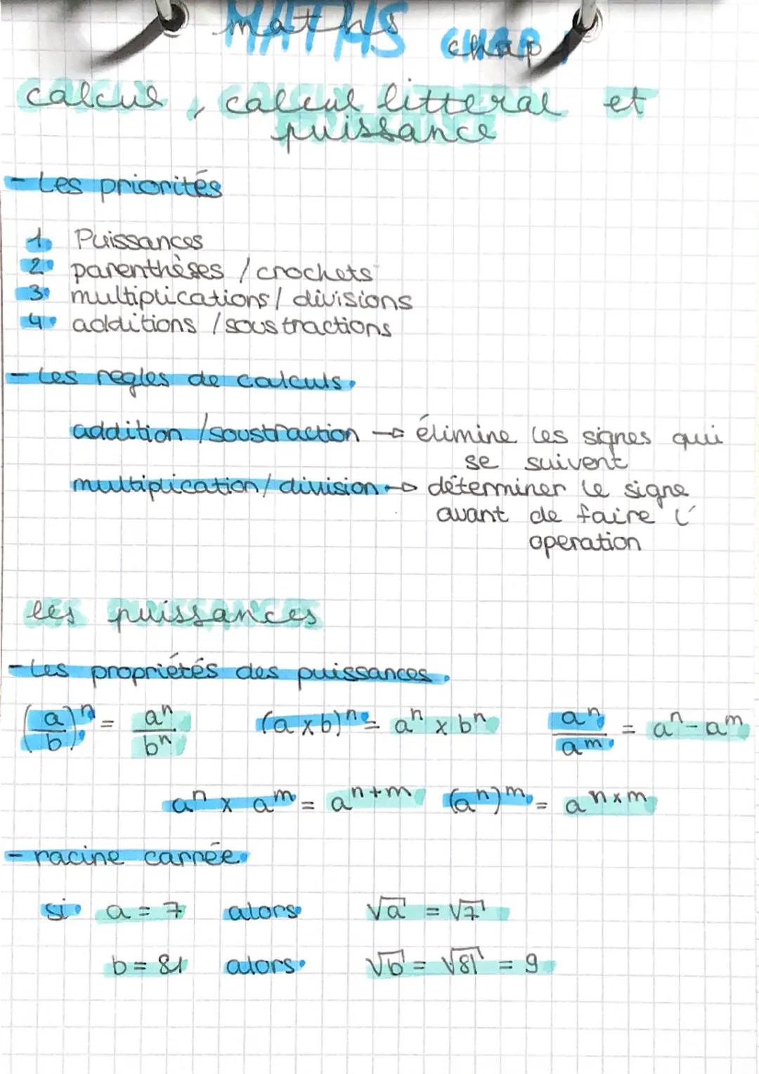 # MATHAS CHER

calcul, calcul litteral et
puissance

- Les priorités

1 Puissances

2 parenthèses/crochets

3 multiplications/ divisions

4 
