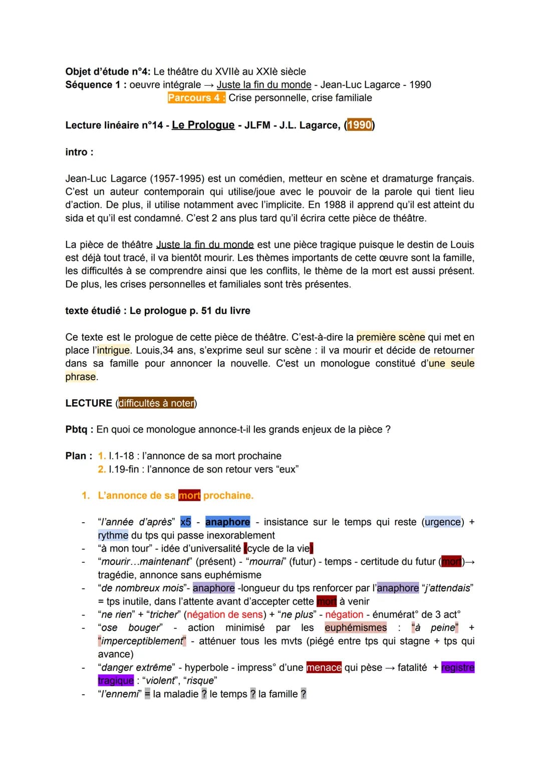 Objet d'étude n°4: Le théâtre du XVIIè au XXIè siècle
Séquence 1 : oeuvre intégrale →→ Juste la fin du monde - Jean-Luc Lagarce - 1990
Parco