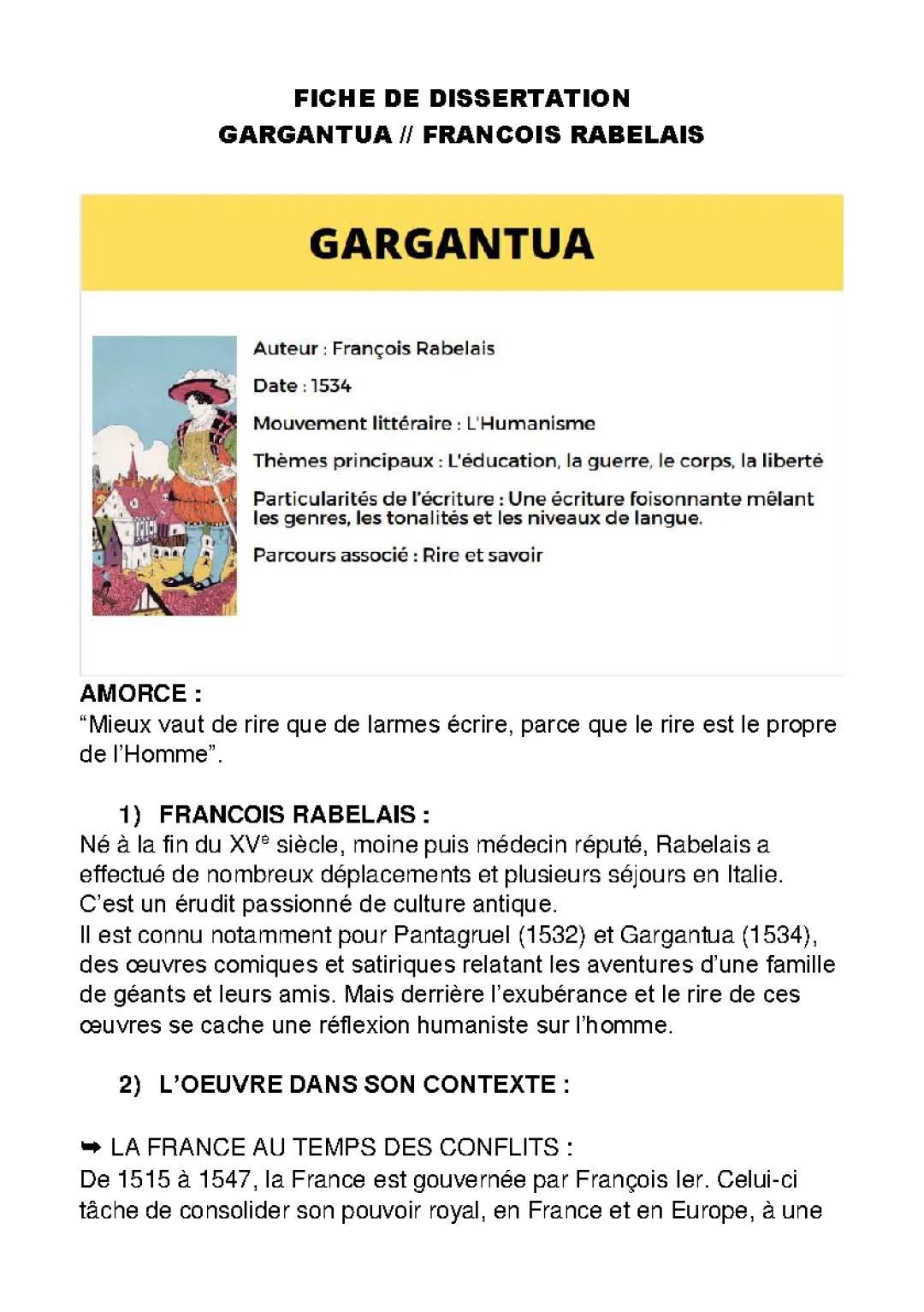 Sujet Dissertation Gargantua Corrigé PDF - Fiche de Lecture et Résumé