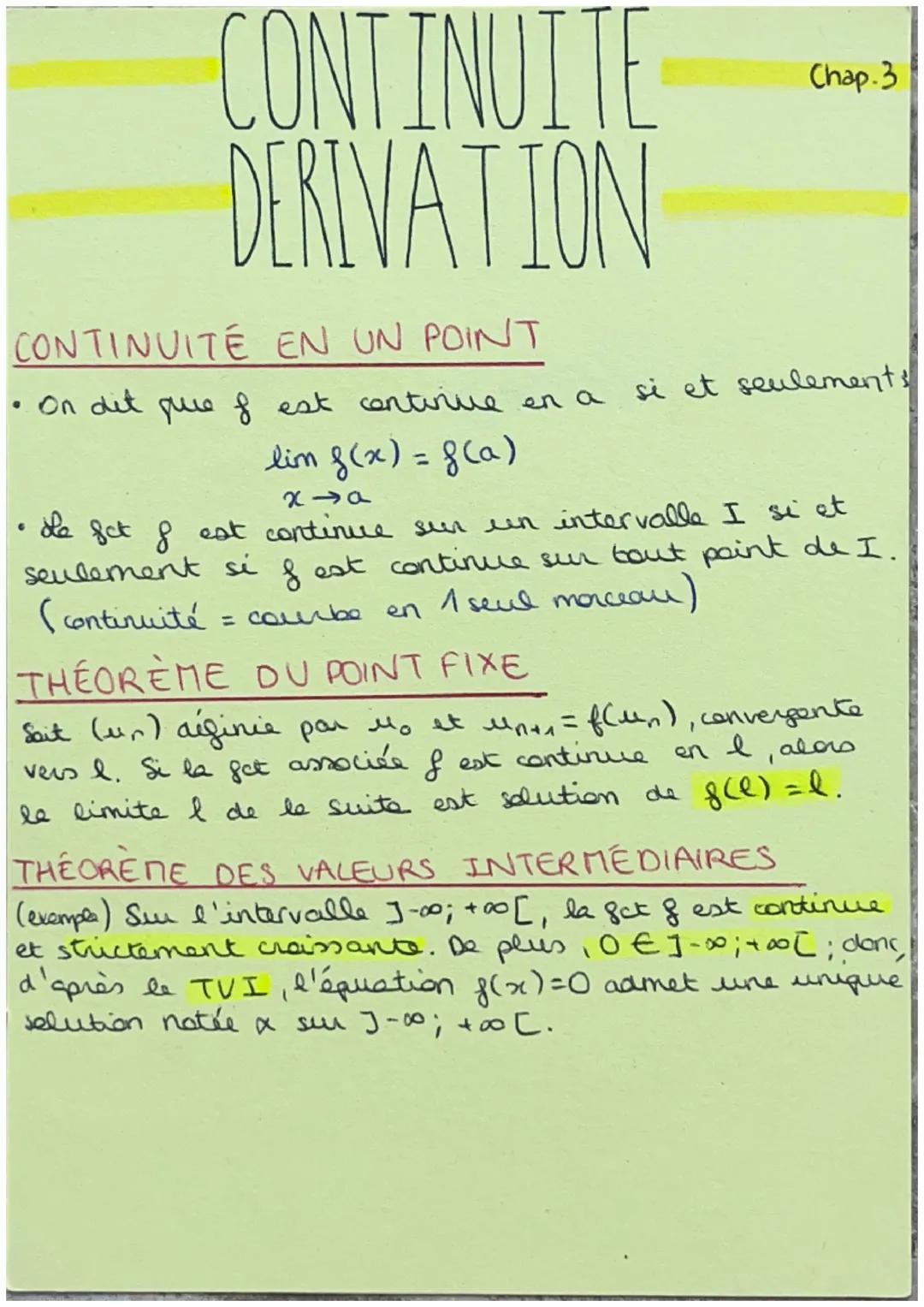 CONTINUITE
DERIVATION
CONTINUITE EN UN POINT
On dit que f est contirive en a
lim f(x) = f(a)
●
Chap.3
si et seulements
X19
de fet & est cont