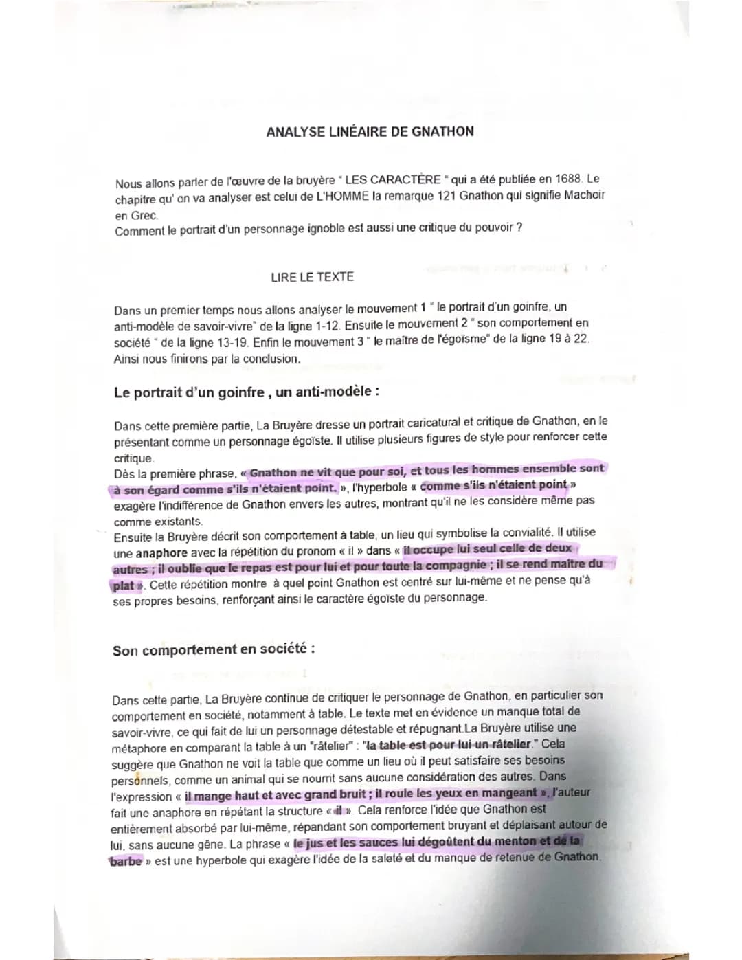 Analyse linéaire de gnathon bac de français 