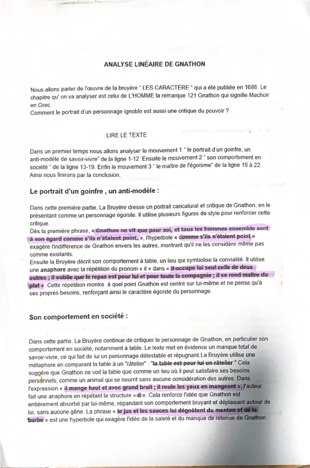 ANALYSE LINÉAIRE DE GNATHON
Nous allons parler de l'œuvre de la bruyère LES CARACTÈRE " qui a été publiée en 1688. Le
chapitre qu'on va anal