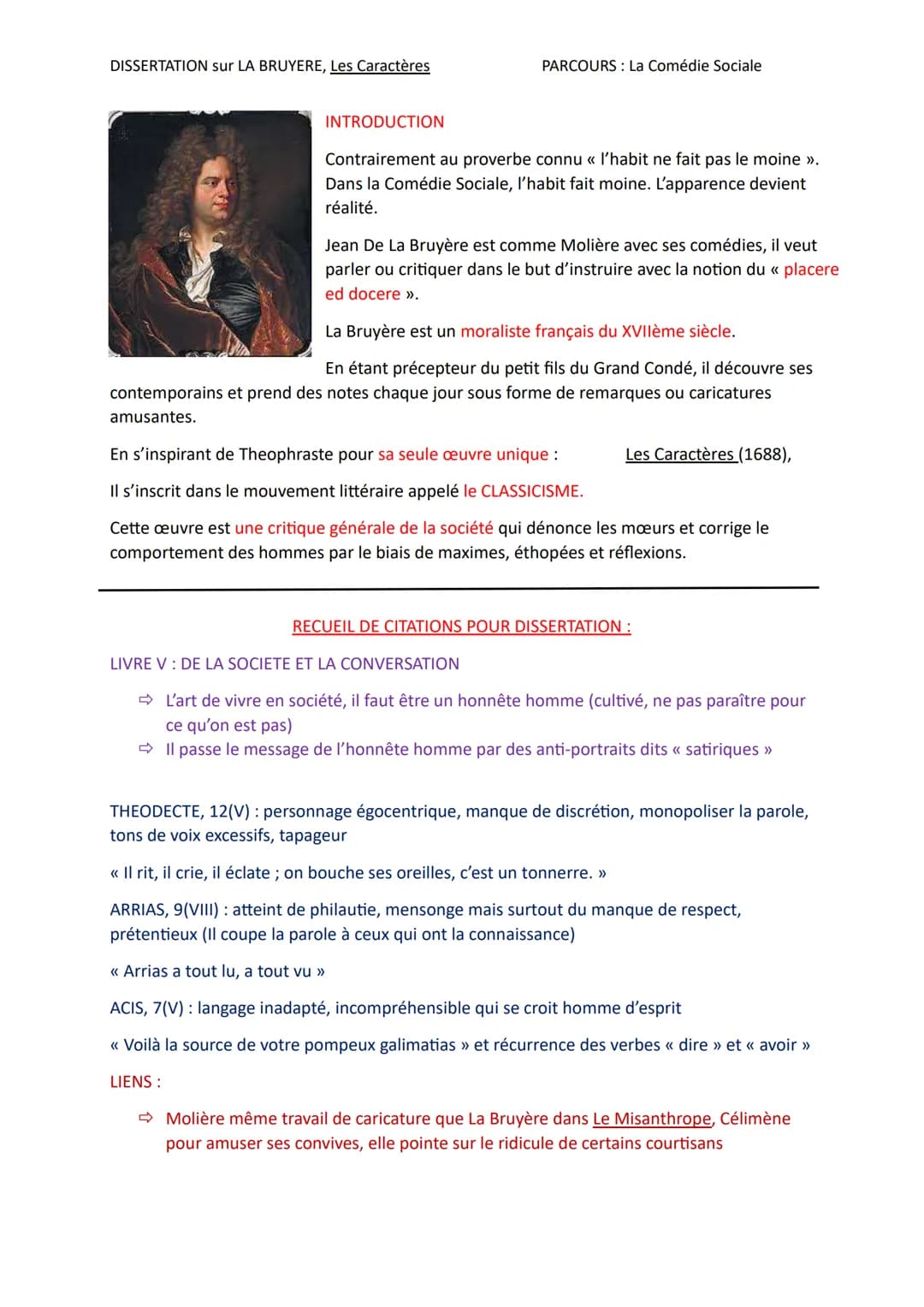 DISSERTATION sur LA BRUYERE, Les Caractères
PARCOURS: La Comédie Sociale
INTRODUCTION
Contrairement au proverbe connu « l'habit ne fait pas 