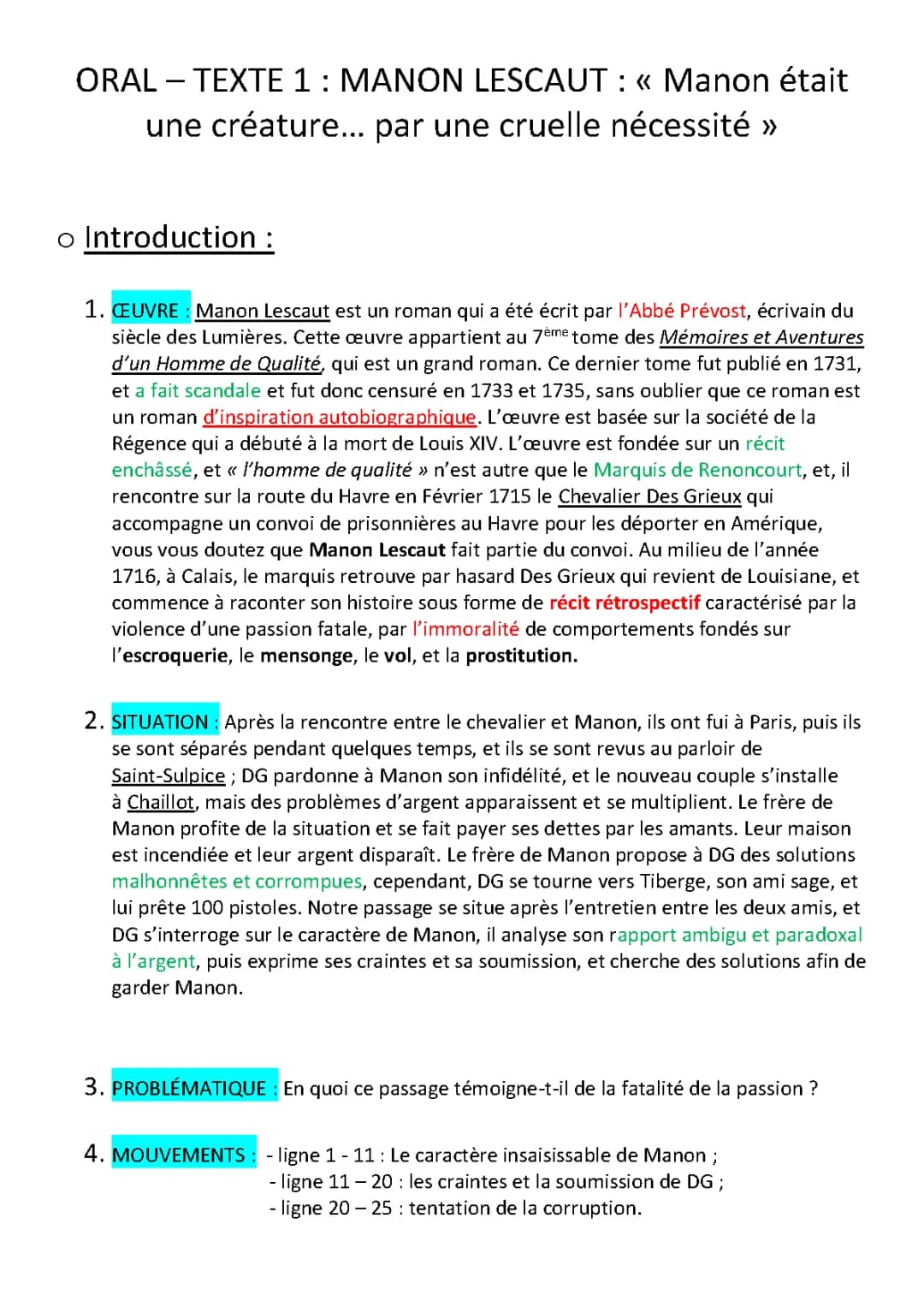 Manon Lescaut - Analyse Linéaire, Résumé et Fiche Bac Français