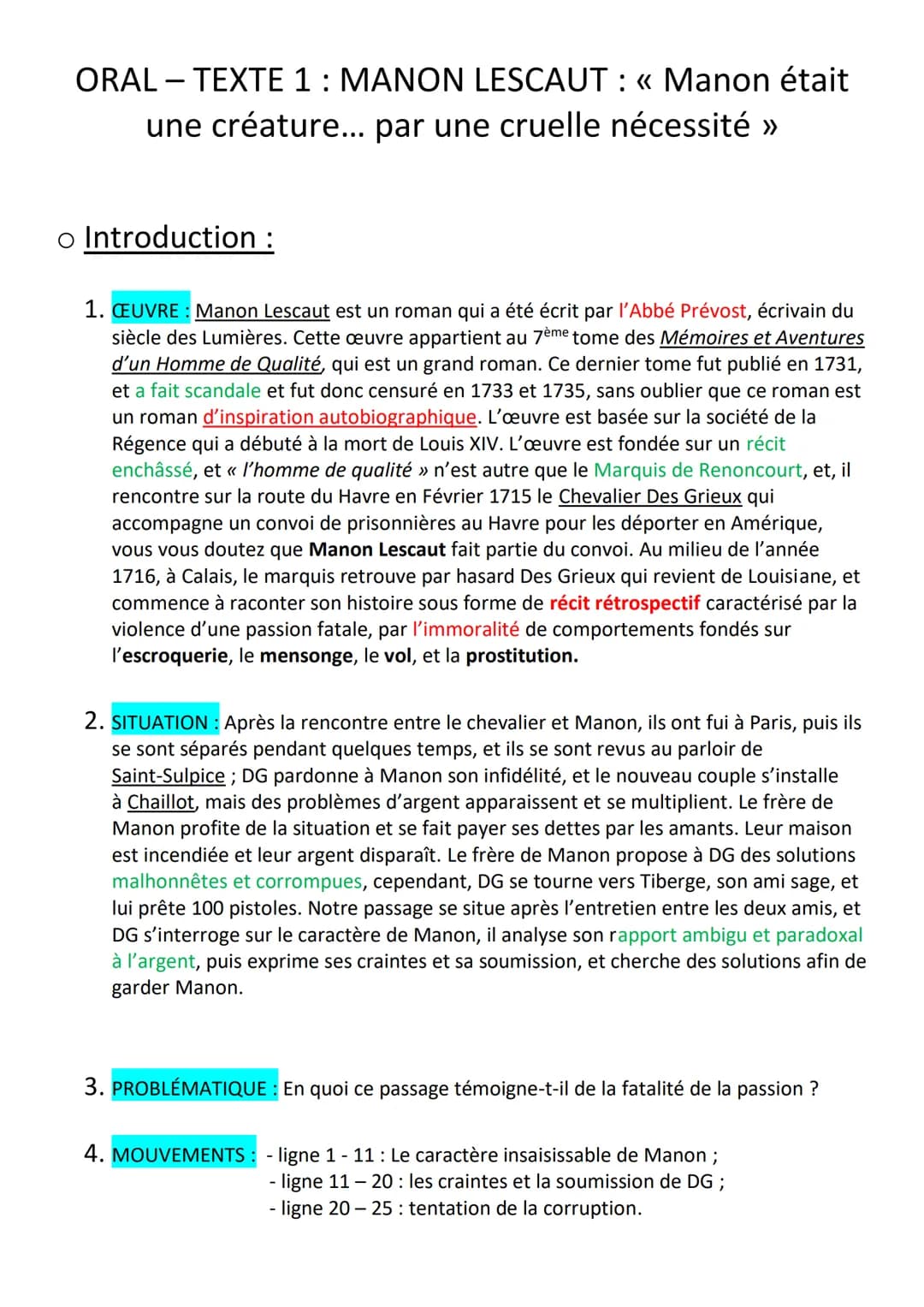 ORAL-TEXTE 1: MANON LESCAUT : « Manon était
une créature... par une cruelle nécessité »
o Introduction :
1. ŒUVRE : Manon Lescaut est un rom