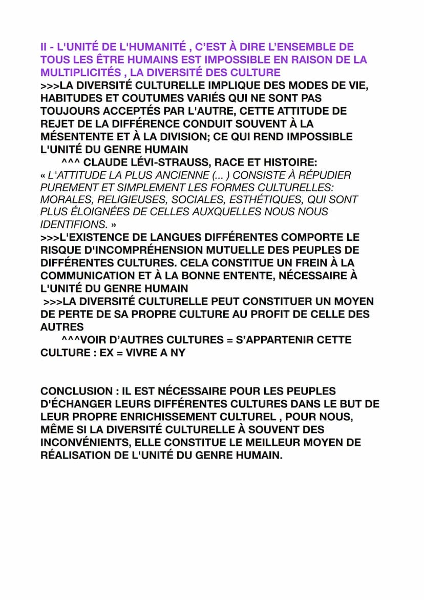 LA PLURALITÉ DES CULTURES EST-ELLE UN OBSTACLE À
L'UNITÉ DU GENRE HUMAIN
PROBLÉMATIQUE : LA DIVERSITÉ DES CULTURES REND-ELLE
IMPOSSIBLE VOIR