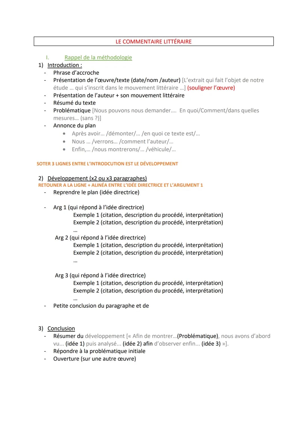 I.
1) Introduction :
Rappel de la méthodologie
LE COMMENTAIRE LITTÉRAIRE
Phrase d'accroche
Présentation de l'œuvre/texte (date/nom /auteur) 