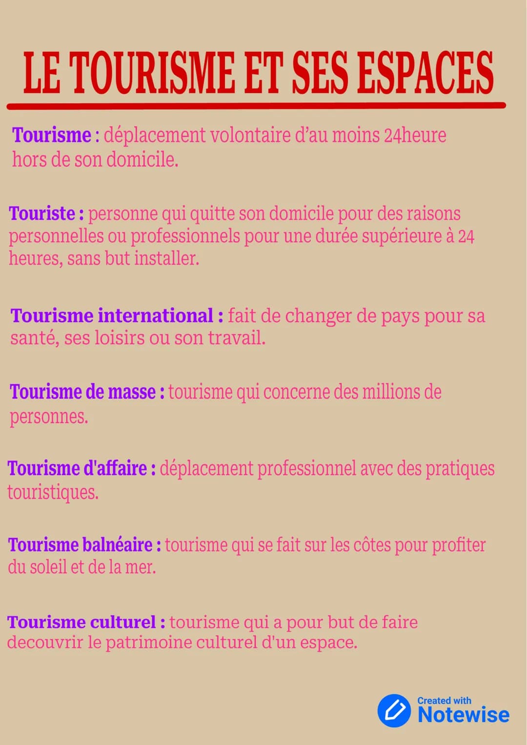 LE TOURISME ET SES ESPACES
Tourisme : déplacement volontaire d'au moins 24heure
hors de son domicile.
Touriste: personne qui quitte son domi