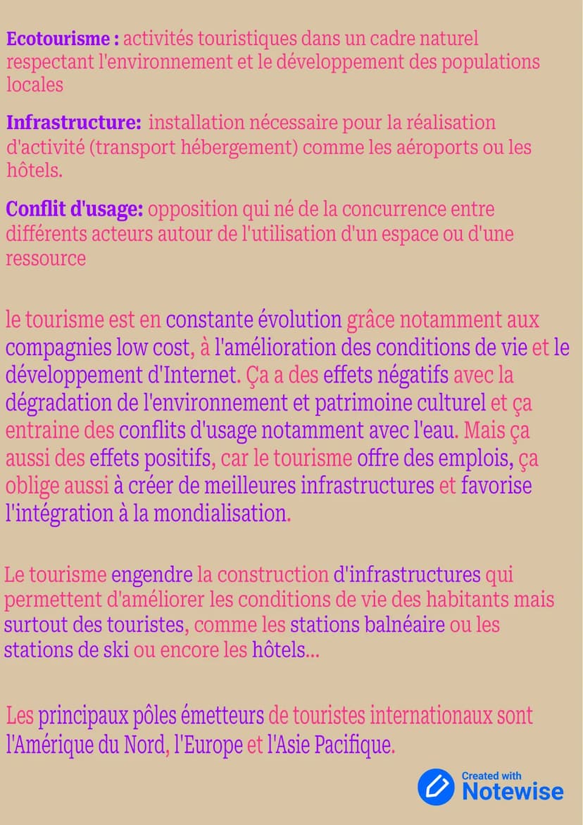 LE TOURISME ET SES ESPACES
Tourisme : déplacement volontaire d'au moins 24heure
hors de son domicile.
Touriste: personne qui quitte son domi