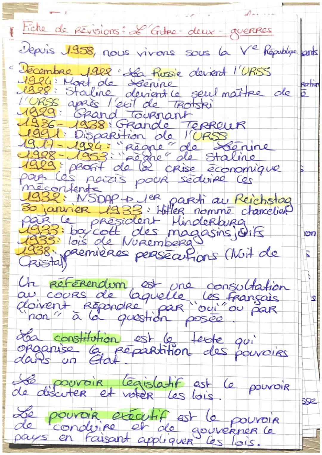 Fiche de Revisions: Entre-deux-gueRRes
Depuis 1958, nous vivons sous la ve Républiye sants
Décembre fall: La Pussie devient l'URSS
1924: MoR