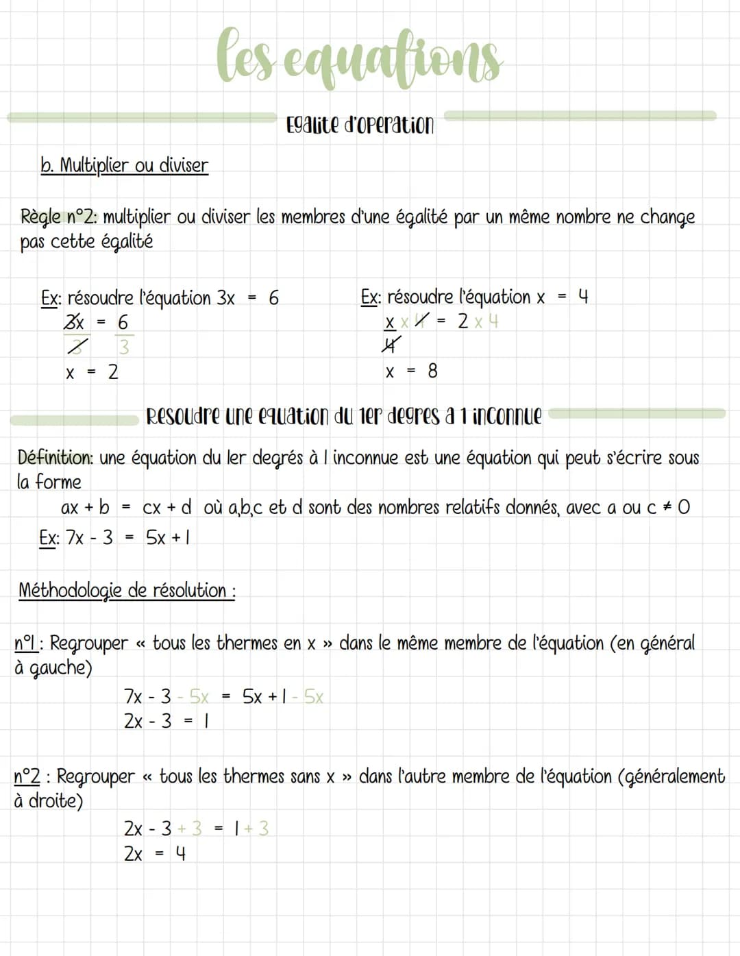 les equations
La notion d'equation
Définition: Une équation est une égalité contenant un ou plusieurs nombres inconnus désignés
par des lett