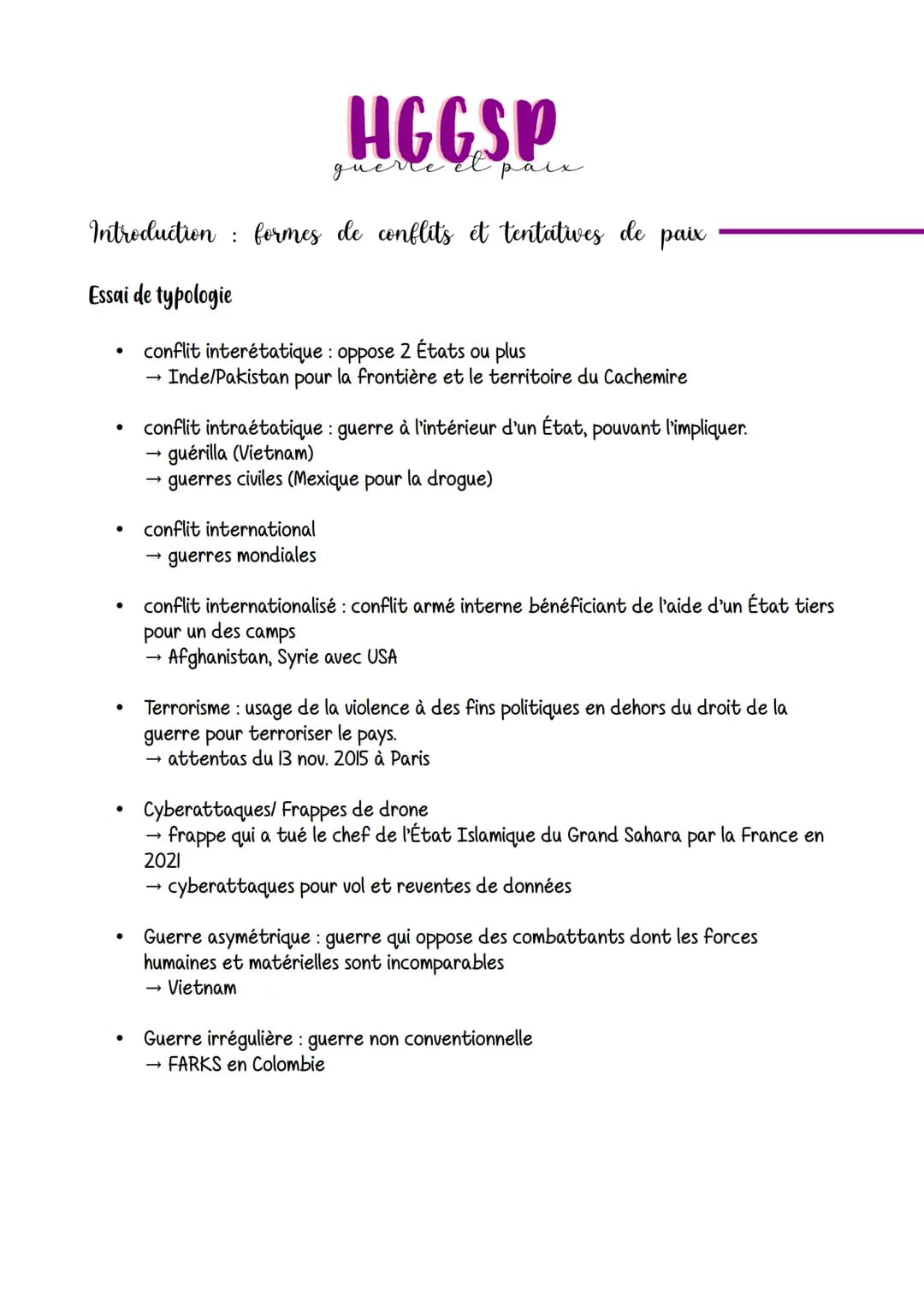 paix
Introduction formes de conflits et tentatives de paix
Essai de typologie
●
●
●
●
●
●
→
conflit interétatique : oppose 2 États ou plus
I