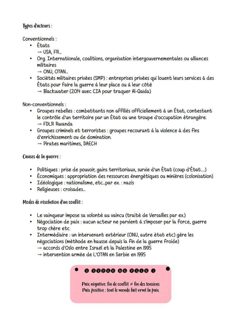 paix
Introduction formes de conflits et tentatives de paix
Essai de typologie
●
●
●
●
●
●
→
conflit interétatique : oppose 2 États ou plus
I