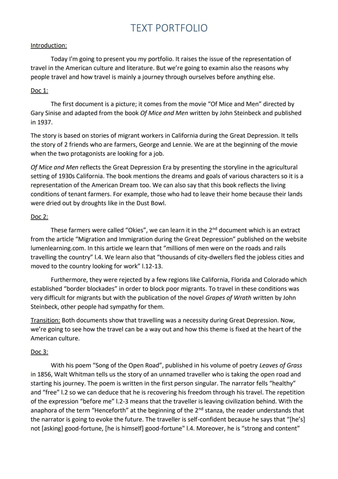 Introduction:
TEXT PORTFOLIO
Today I'm going to present you my portfolio. It raises the issue of the representation of
travel in the America