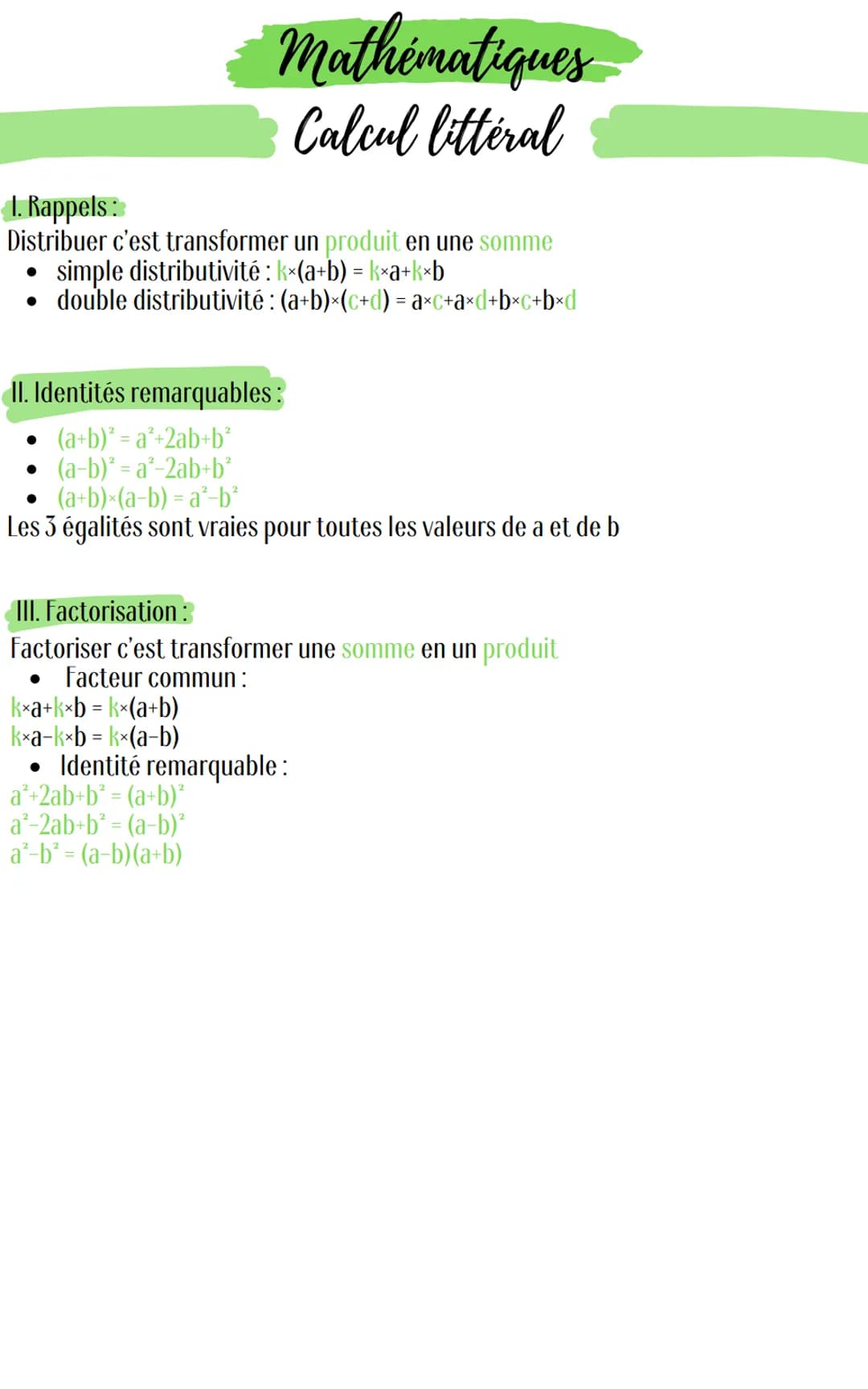 1. Rappels:
Mathématiques
Calcul littéral
Distribuer c'est transformer un produit en une somme
simple distributivité : k*(a+b) = k*a+k*b
• d