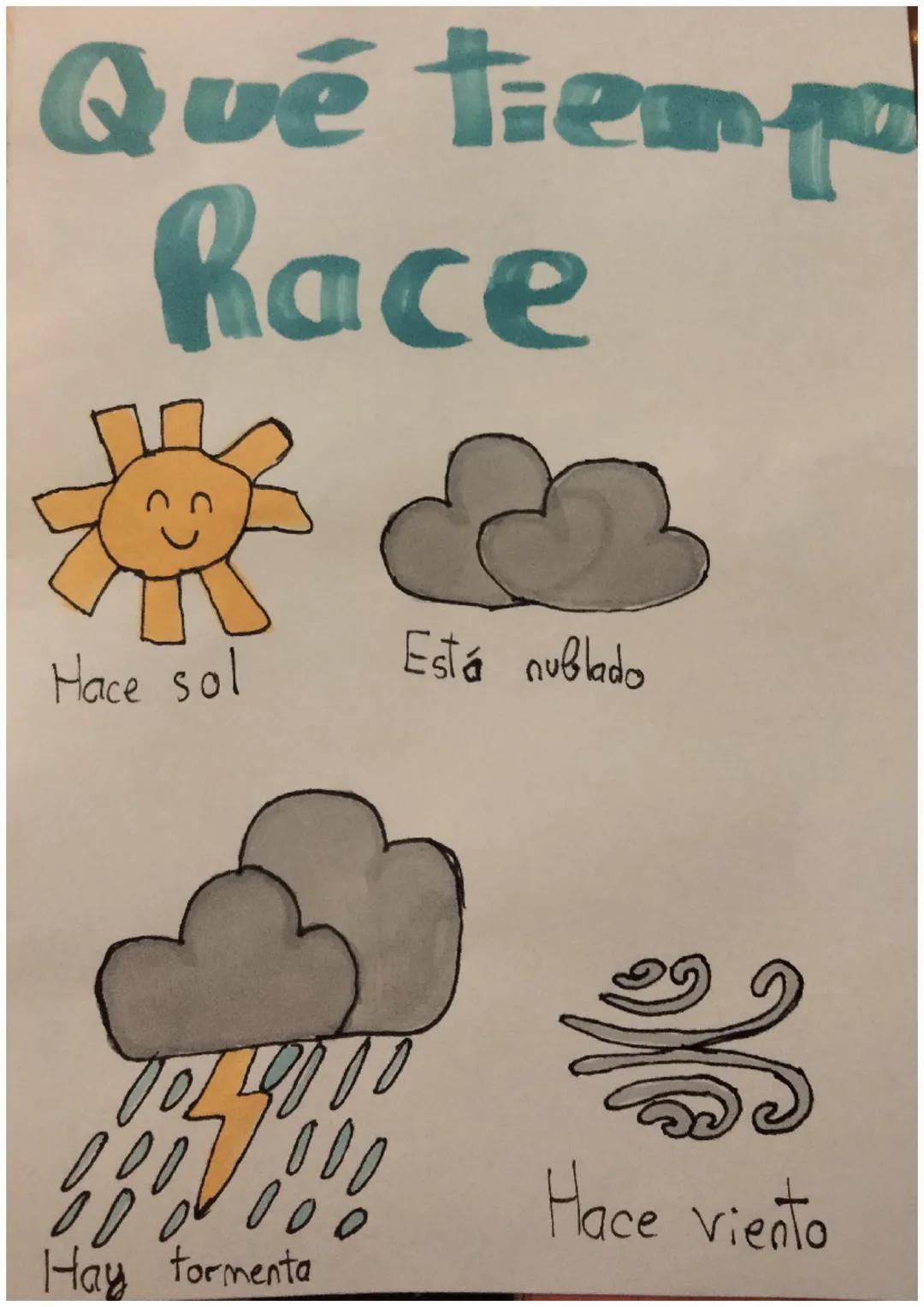 # Qué tiempo
# Hace

*   Hace sol
*   Está nublado
*   Hay tormenta
*   Hace viento Hace calor

Hace frio

Llueve