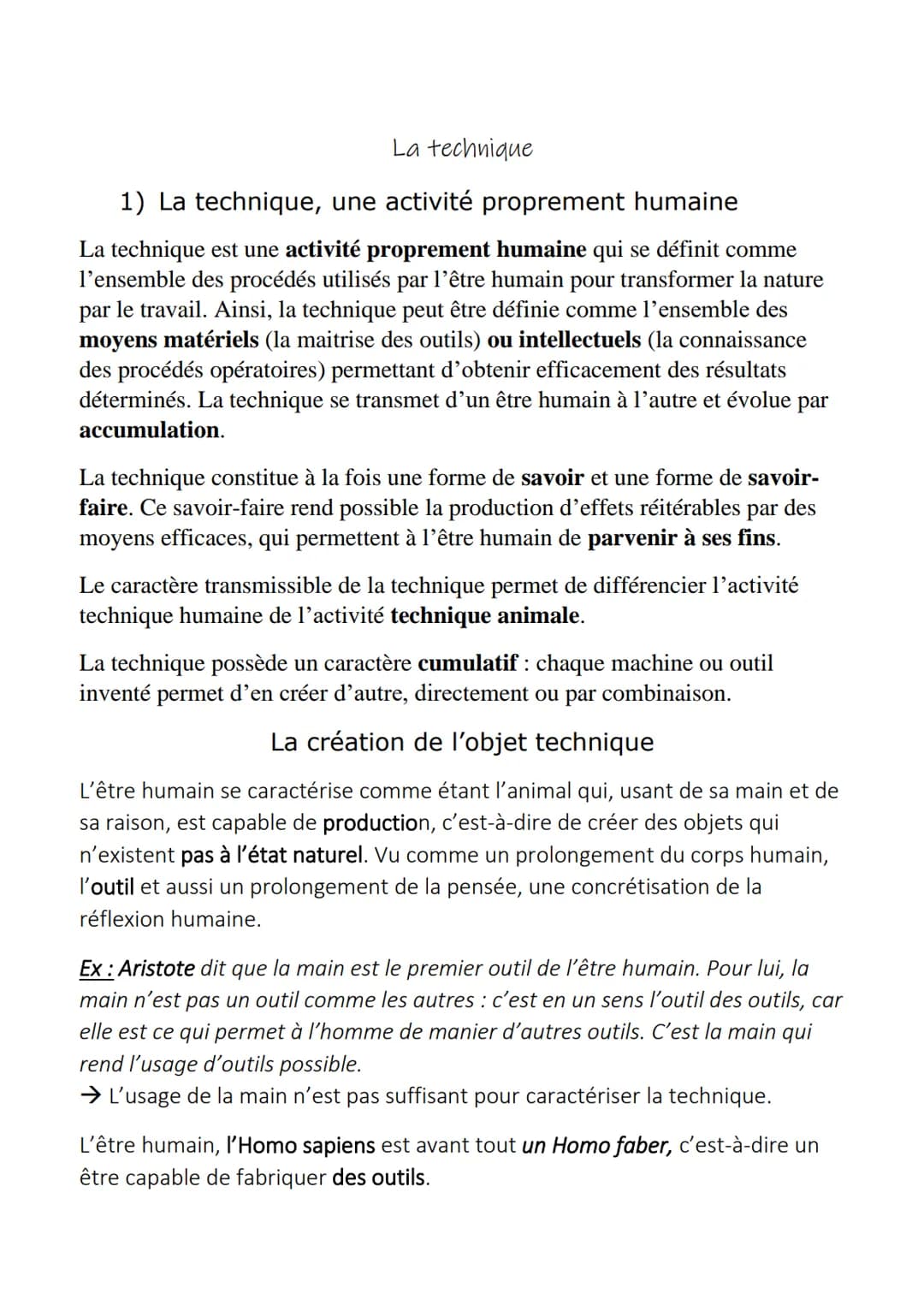 La technique
1) La technique, une activité proprement humaine
La technique est une activité proprement humaine qui se définit comme
l'ensemb