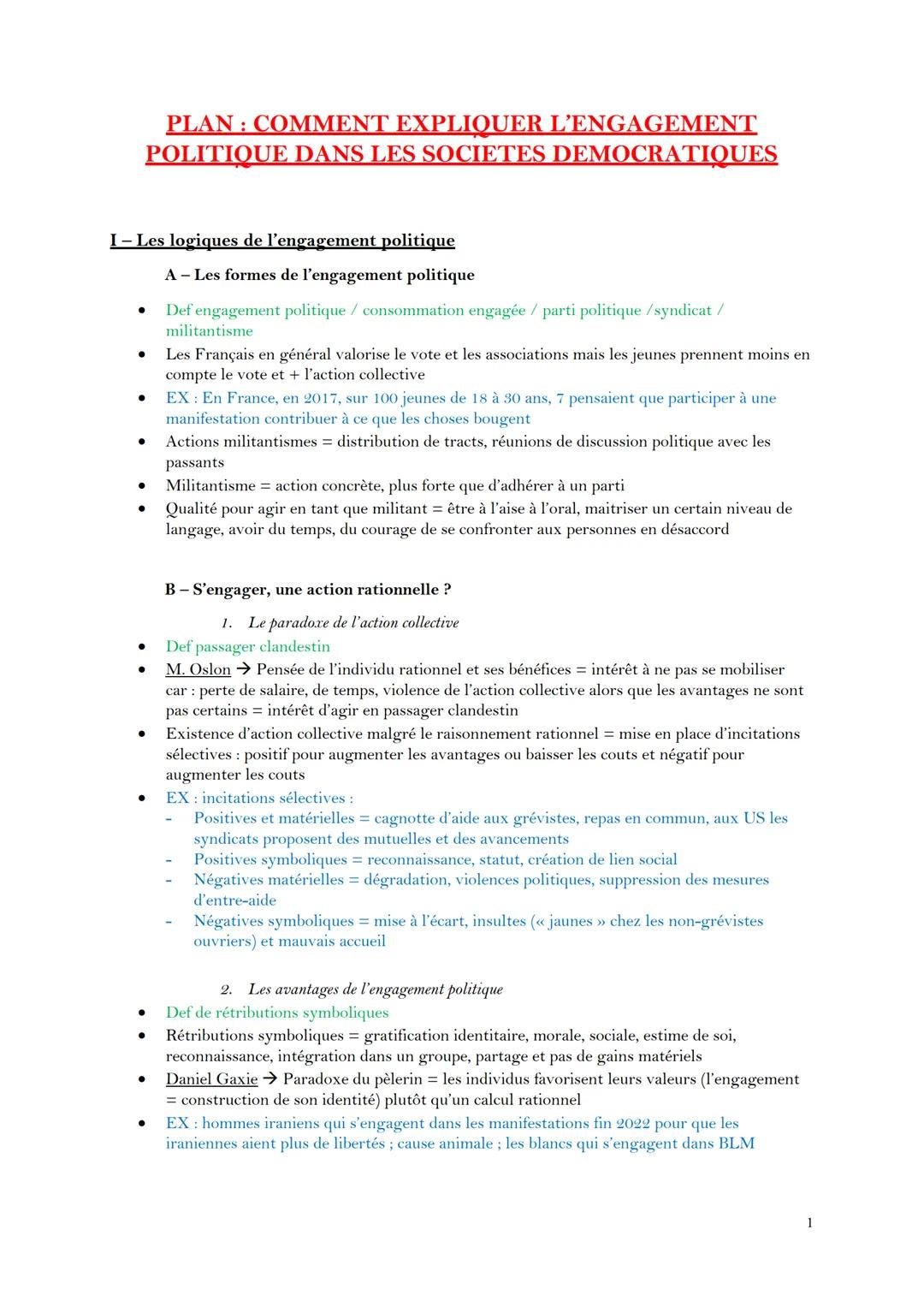 # PLAN: COMMEN COMMENT EXPLIQUER L'ENGAGEMENT
# POLITIQUE DANS LES SOCIETES DEMOCRATIQUES

## I- Les logiques de l'engagement politique

###