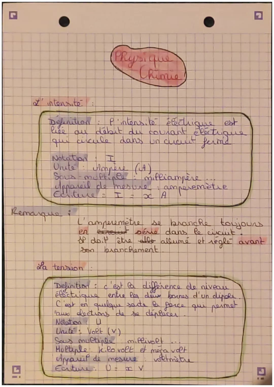 L'intensité :
Physique
Chimie)
Definition: P'intensité électrique est
lice au débit du courant electrique
qui circule dans un crcuit ferond
