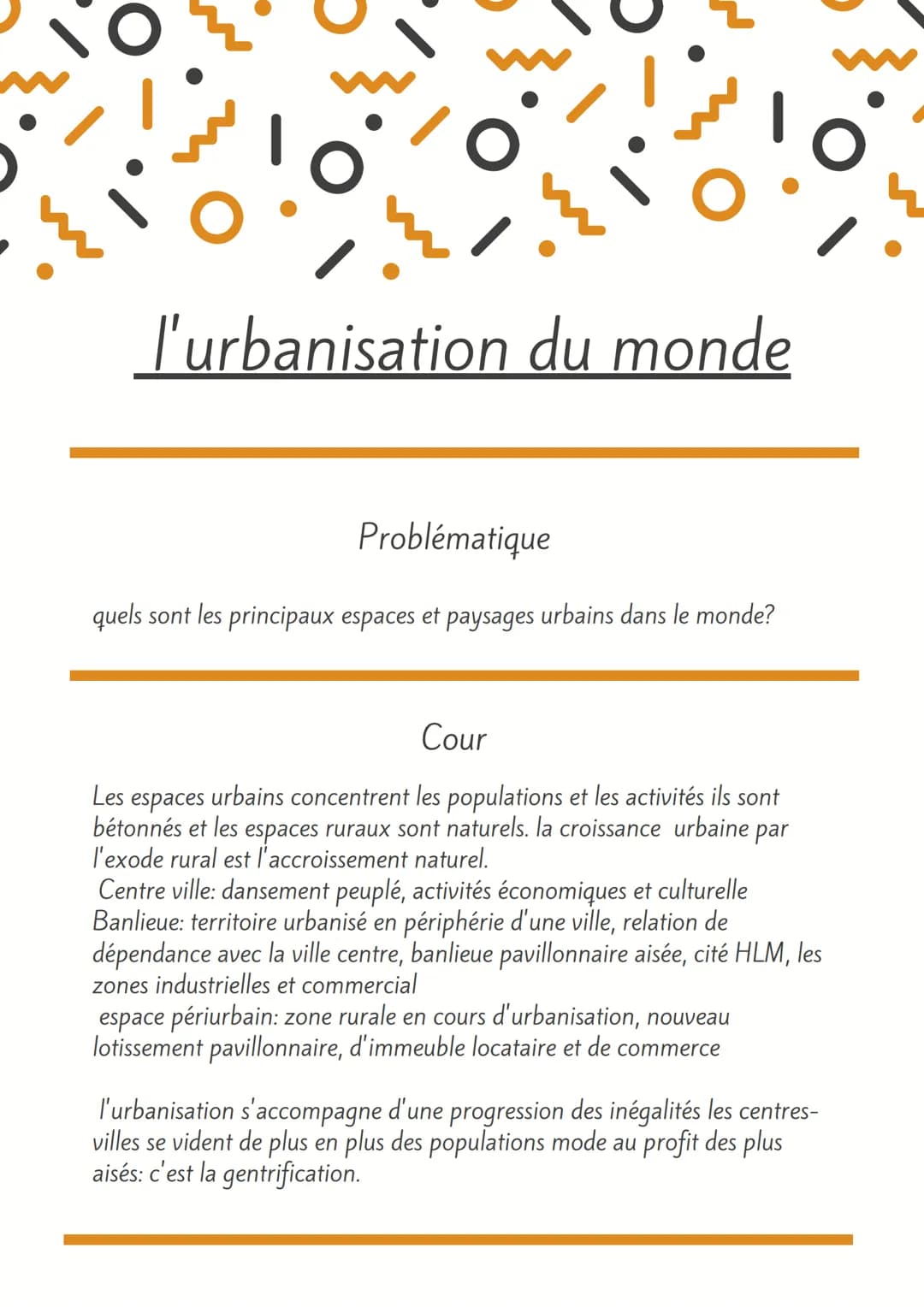 l'urbanisation du monde
Problématique
quels sont les principaux espaces et paysages urbains dans le monde?
Cour
Les espaces urbains concentr