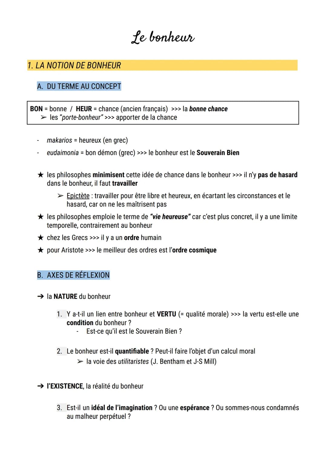 1. LA NOTION DE BONHEUR
A. DU TERME AU CONCEPT
Le bonheur
BON = bonne / HEUR = chance (ancien français) >>> la bonne chance
➤ les "porte-bon