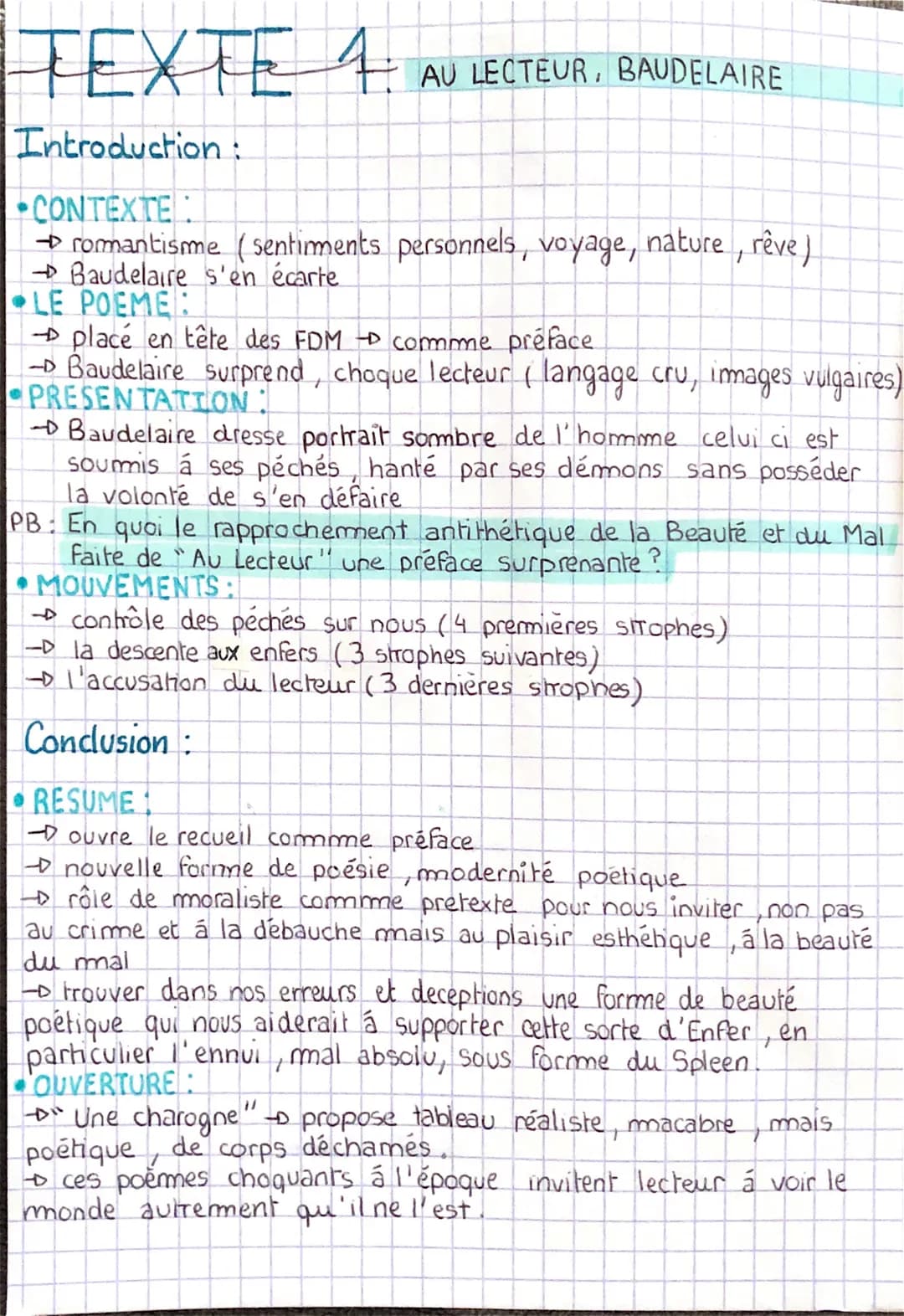 TEXTE 4.
AU LECTEUR, BAUDELAIRE
Introduction :
CONTEXTE
→ romantisme (sentiments personnels, voyage, nature, rêve)
→Baudelaire s'en écarte
L