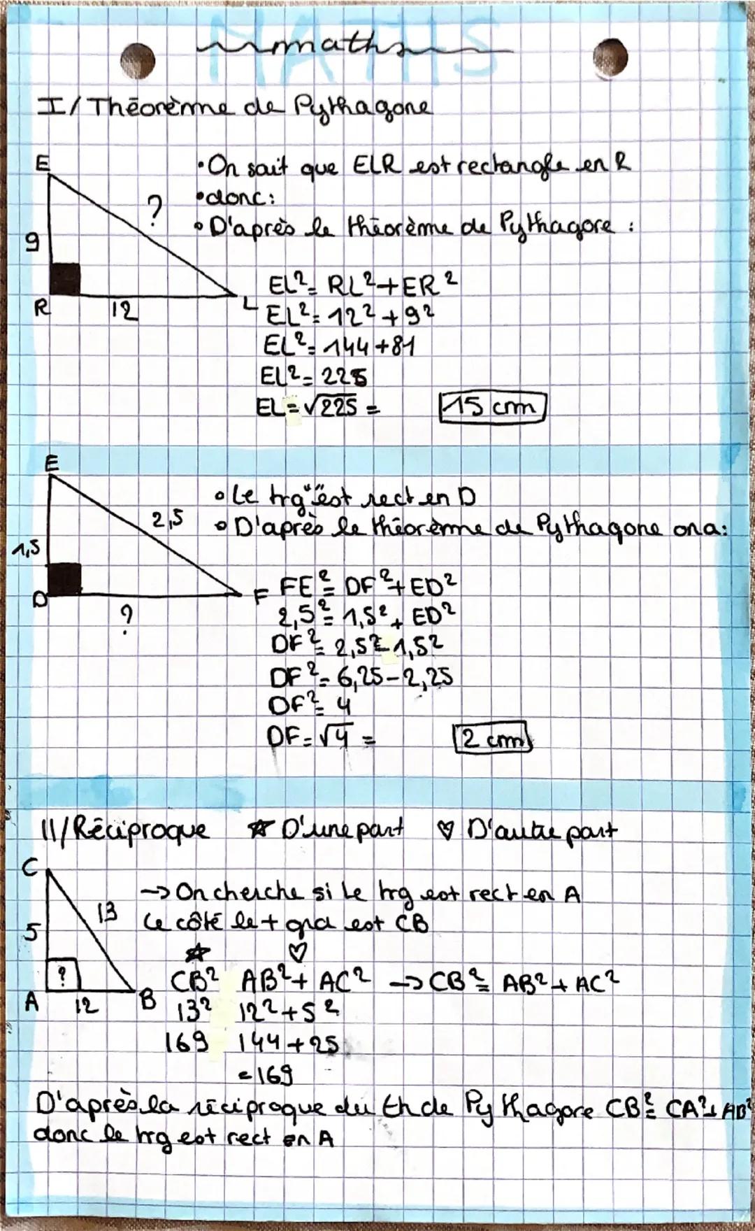 maths

I/Théorème de Pythagone
E
•On sait que ELR est rectangle en l
?
donc:
• D'après le théorème de Pythagore:
9
$EL^2 RL^2+ER^2$
R
12
$EL