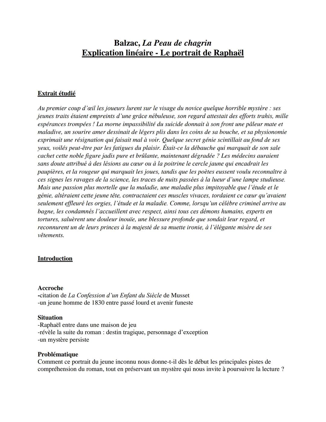 Balzac, La Peau de chagrin
Explication linéaire - Le portrait de Raphaël
Extrait étudié
Au premier coup d'œil les joueurs lurent sur le visa