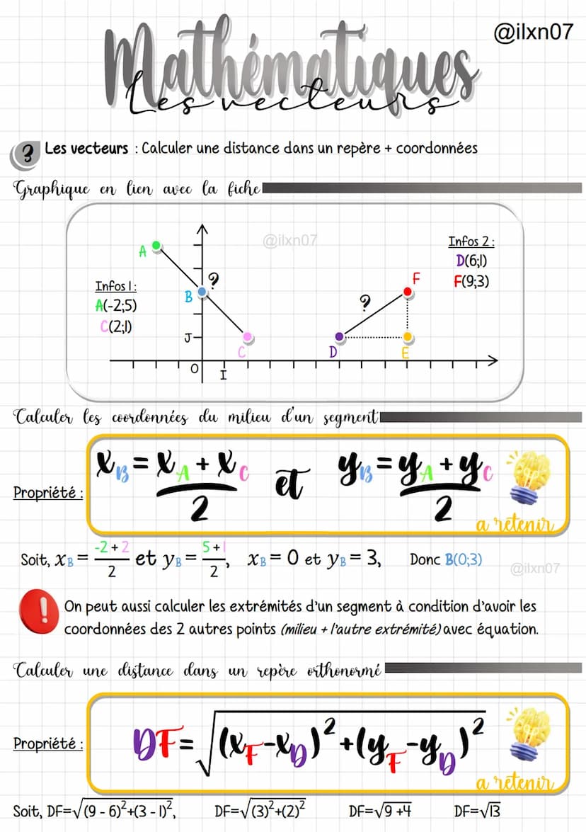 Mathématiques
4
Les vecteurs : Calculer les coordonnées et la longueur d'un vecteur.
Graphique en lien avec la fiche!
Propriété :
Infos :
B(