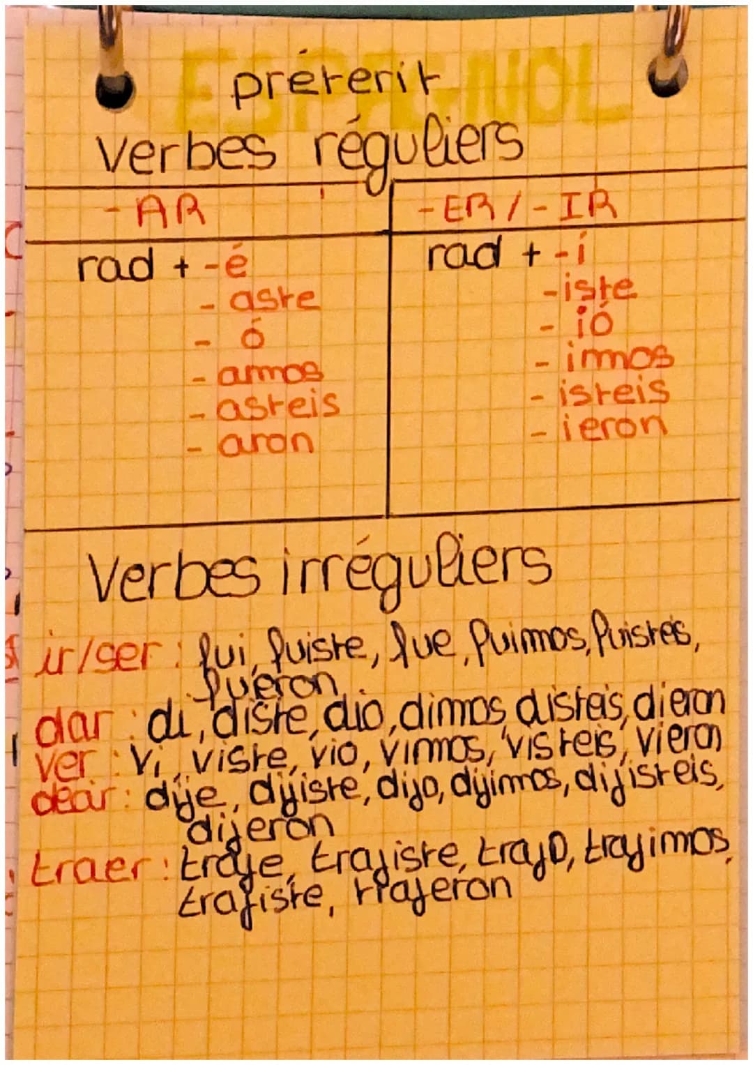 preterit
verbes réguliers
-AR
rad +-e
ITI
aste
amos
asteis
aran
-ER/-IR
rad +-i
-iste
ió
imos
-isteis
-ieron
Verbes irréguliers
ir/ser: fui 
